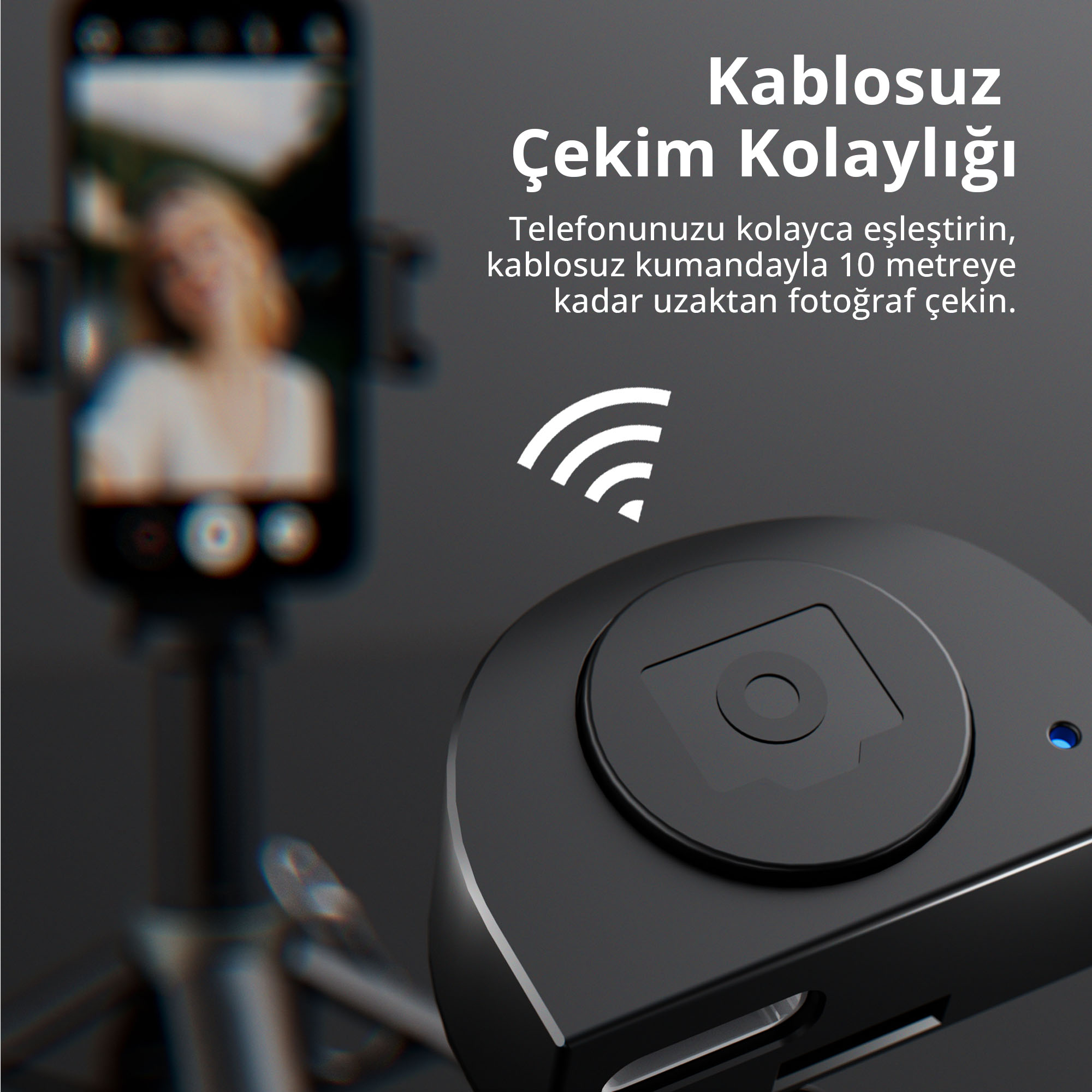 Arka planda metinle birlikte siyah kablosuz uzaktan kumanda ve tripotta bir akıllı telefon.