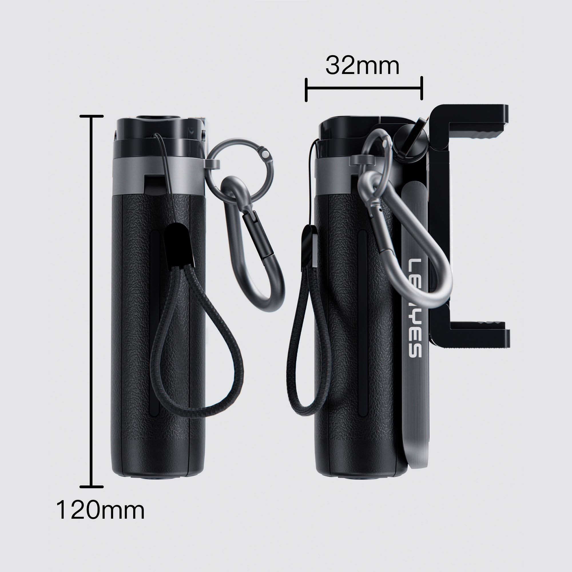120 mm yükseklik ve 32 mm genişlik ölçülerine sahip, bileklikli ve karabinalı iki siyah biber gazı tüpü.