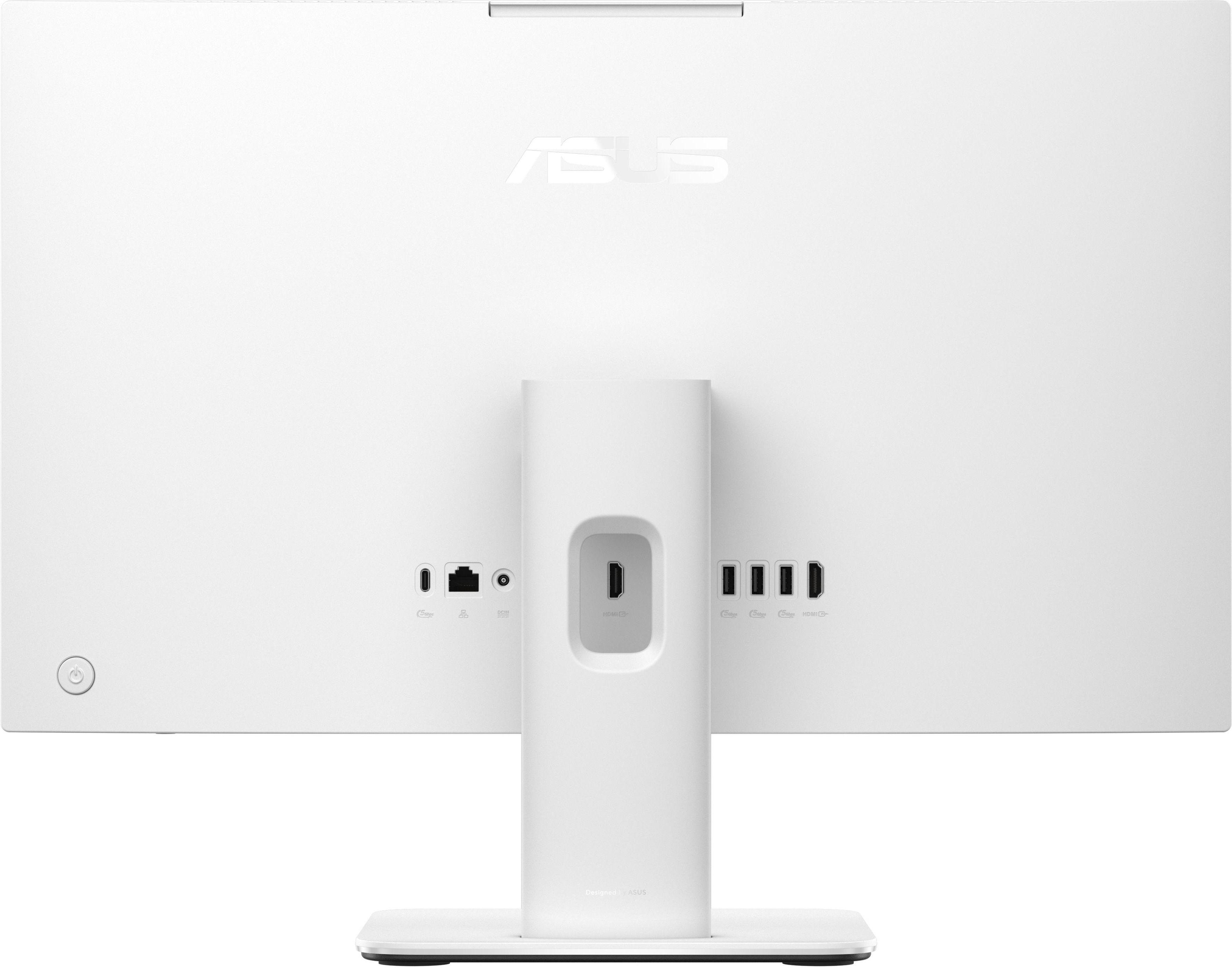 Beyaz arka planda çeşitli portlar, bir stant ve marka logosu gösteren beyaz bir ASUS monitörün arkadan görünümü.