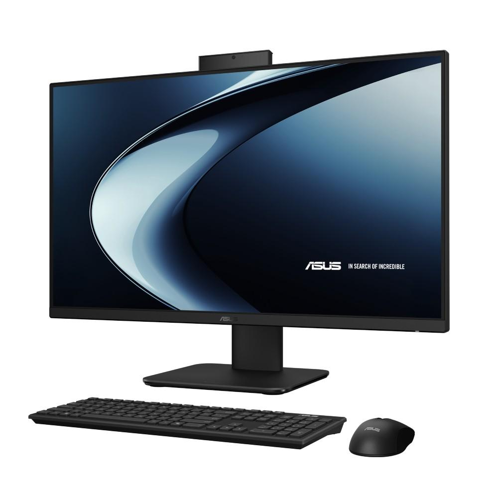 Beyaz arka planda klavye ve fareye sahip siyah bir ASUS hep bir arada masaüstü bilgisayar.