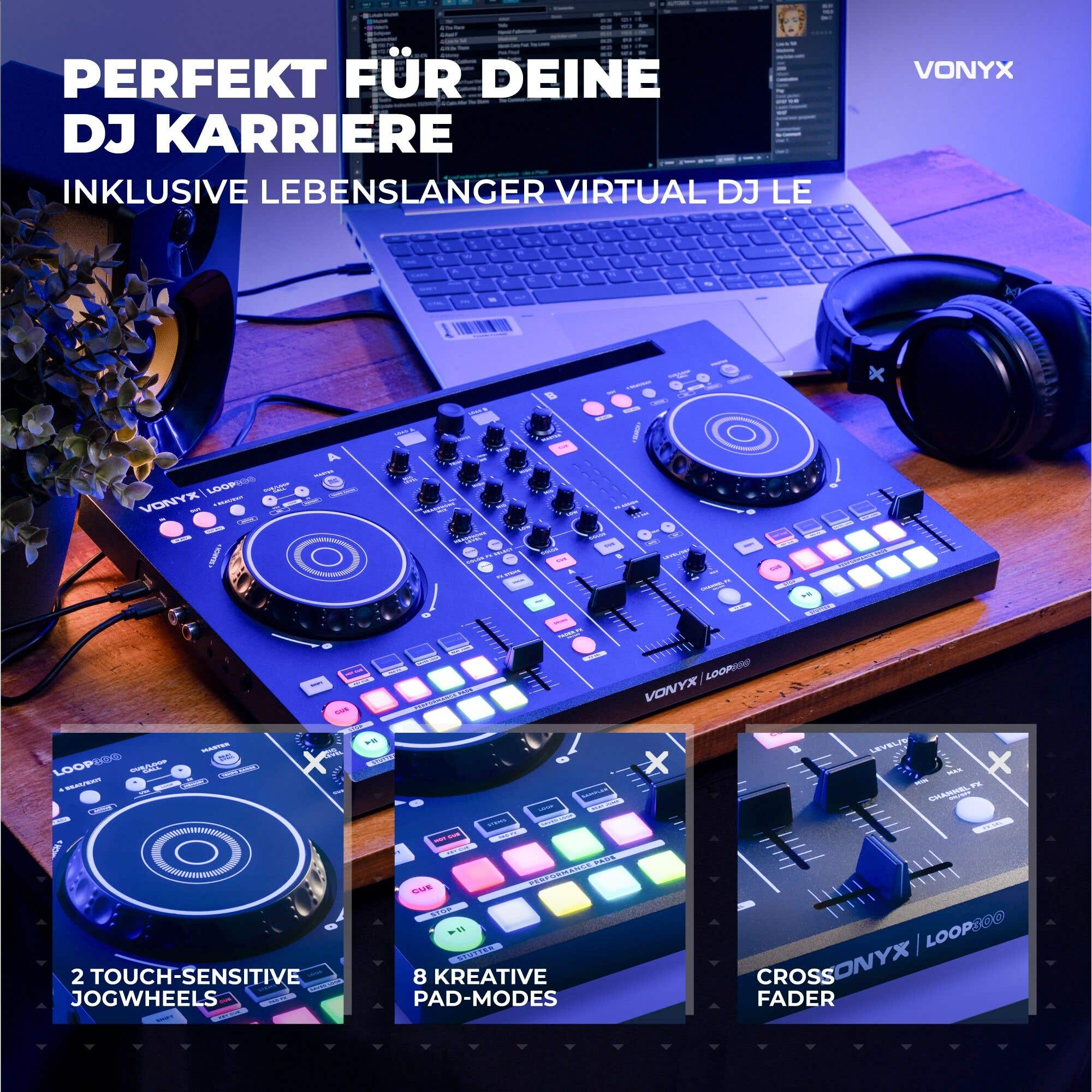 DJ-Controller mit Laptop, Kopfhörern und Beleuchtung auf Holz Tisch.