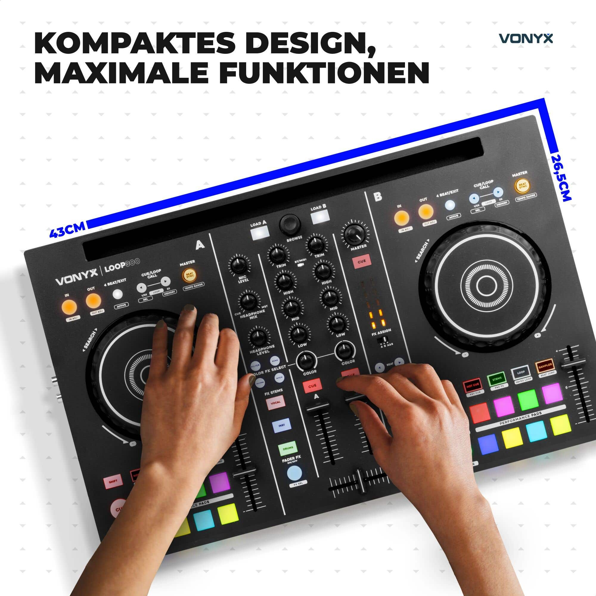 DJ-Controller mit Händen beim Auflegen, beschriftet mit Vonyx Loop300 und Maßen.