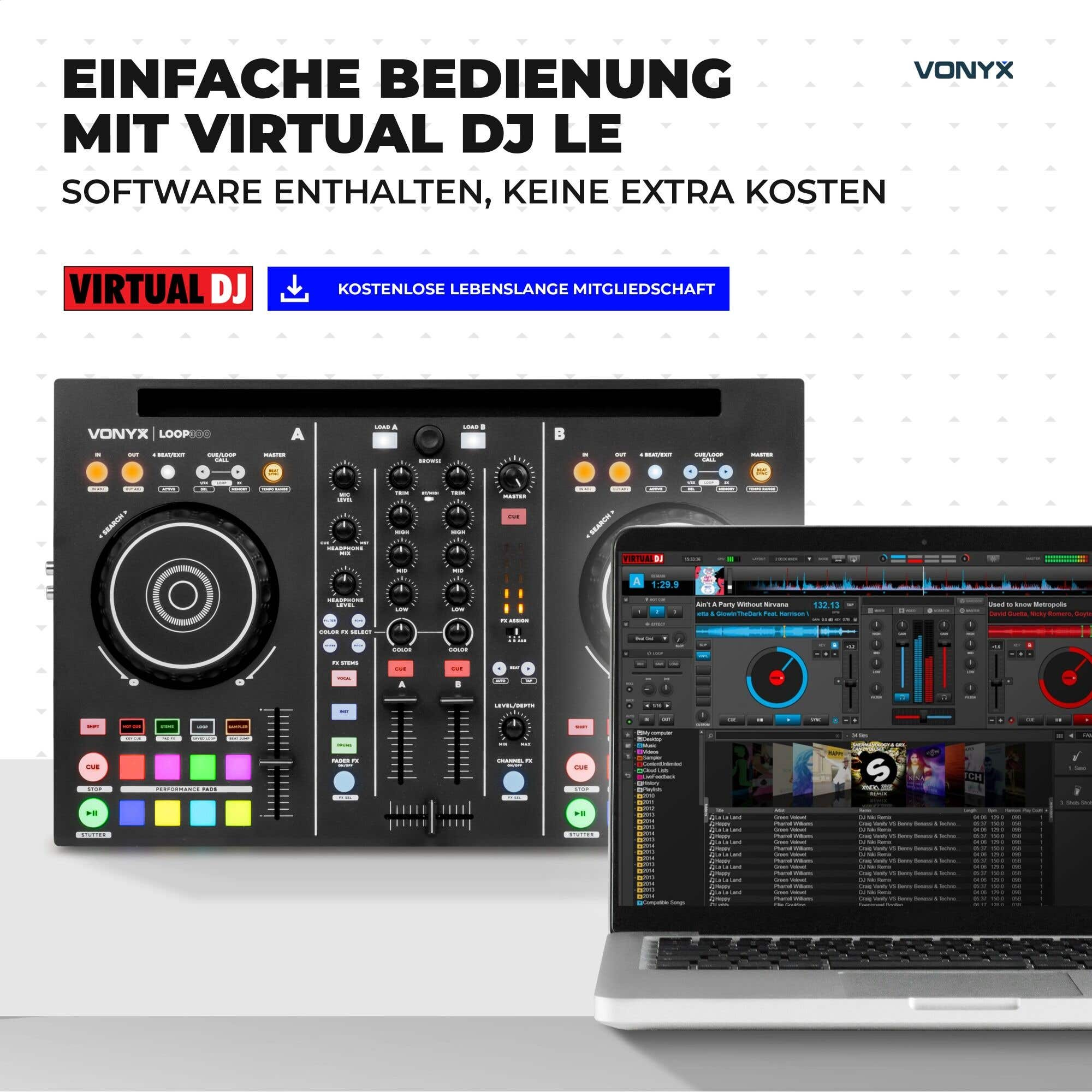 Vonyx DJ-Controller mit Virtual DJ LE-Software und Mischpultoberfläche.