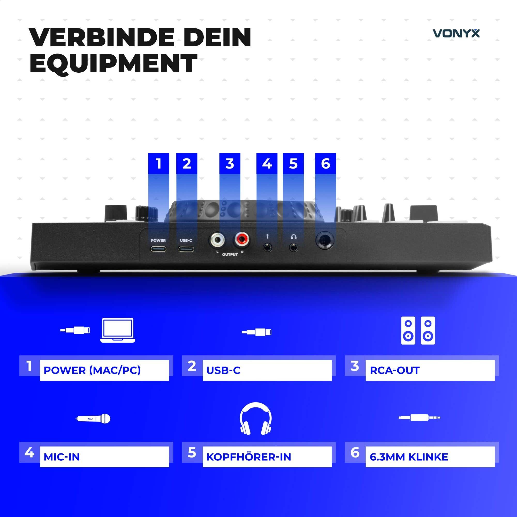 Rückseite eines Vonyx DJ-Controllers mit erklärten Anschlüssen für Power, USB-C, RCA, Mikrofon und Kopfhörer.