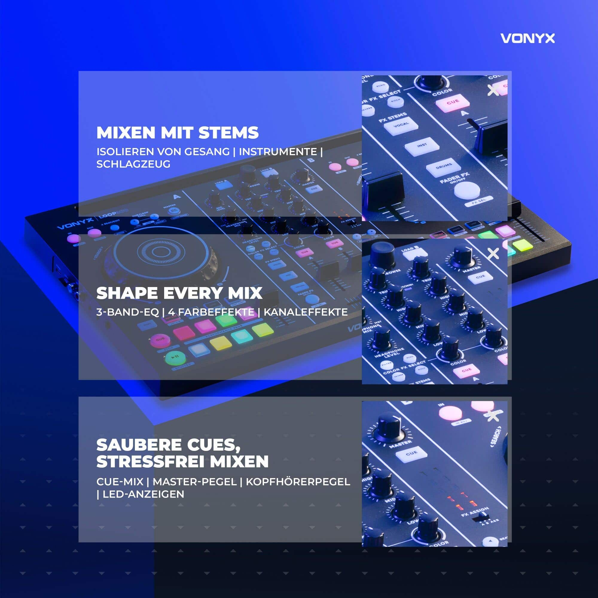 Ein Vonyx DJ-Controller mit Reglern, Pads und deutschen Texten, die Stems und EQ auf blauem Hintergrund bewerben.