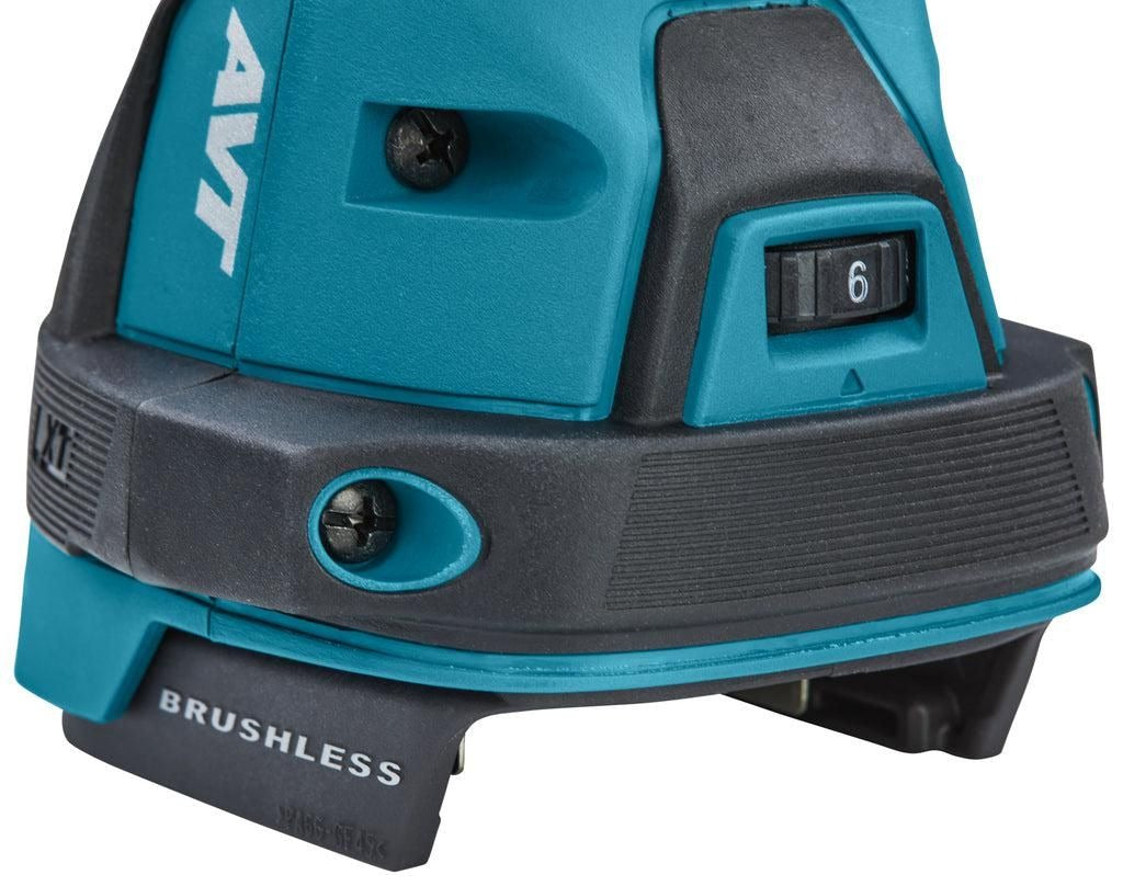 Close-up of a blue and black Makita AVT tool base with a speed dial and the word BRUSHLESS printed on it.