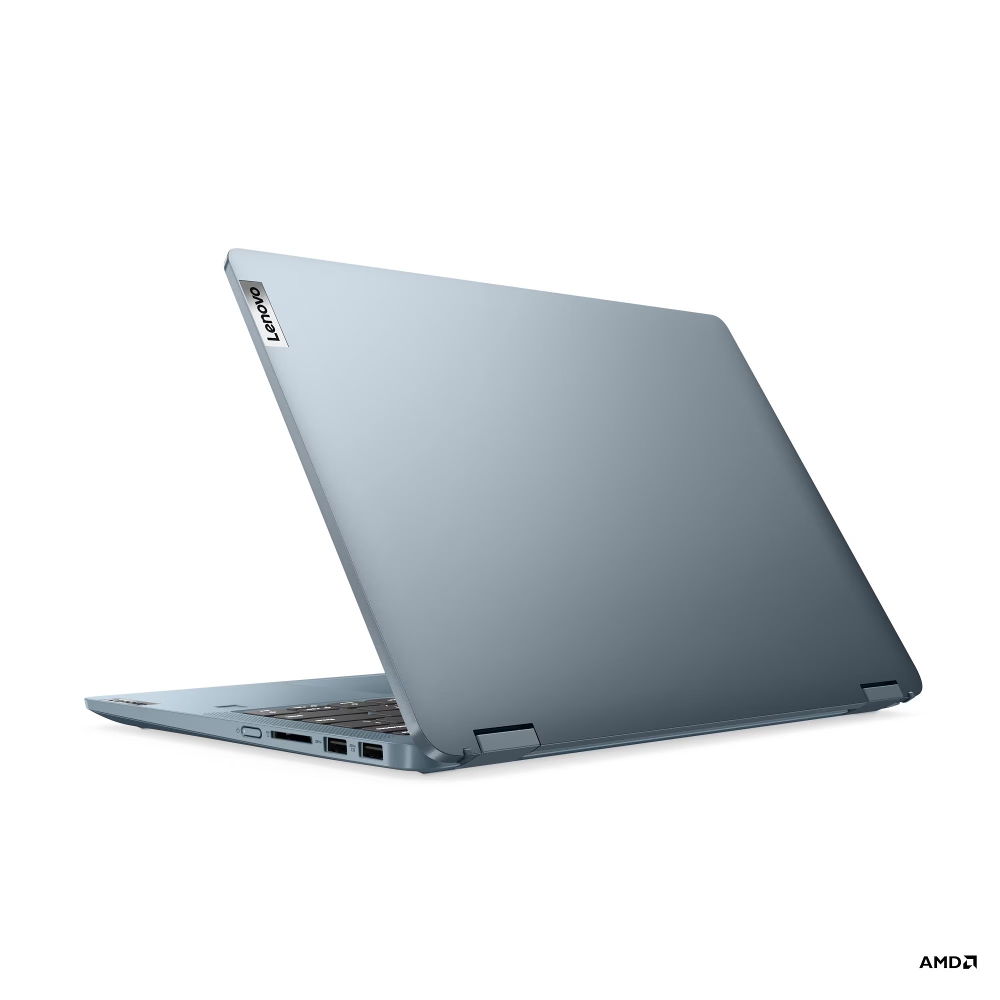 Sağ arkadan görünen şık mavi bir Lenovo dizüstü bilgisayar, yan taraftaki bağlantı noktaları ve logoyla.