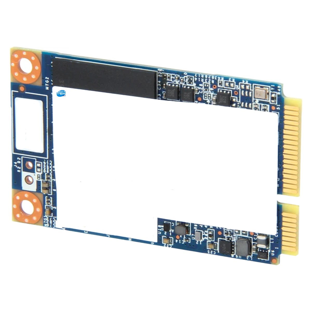 SSD M.2 blu con connettore dorato e adesivo bianco su sfondo bianco.