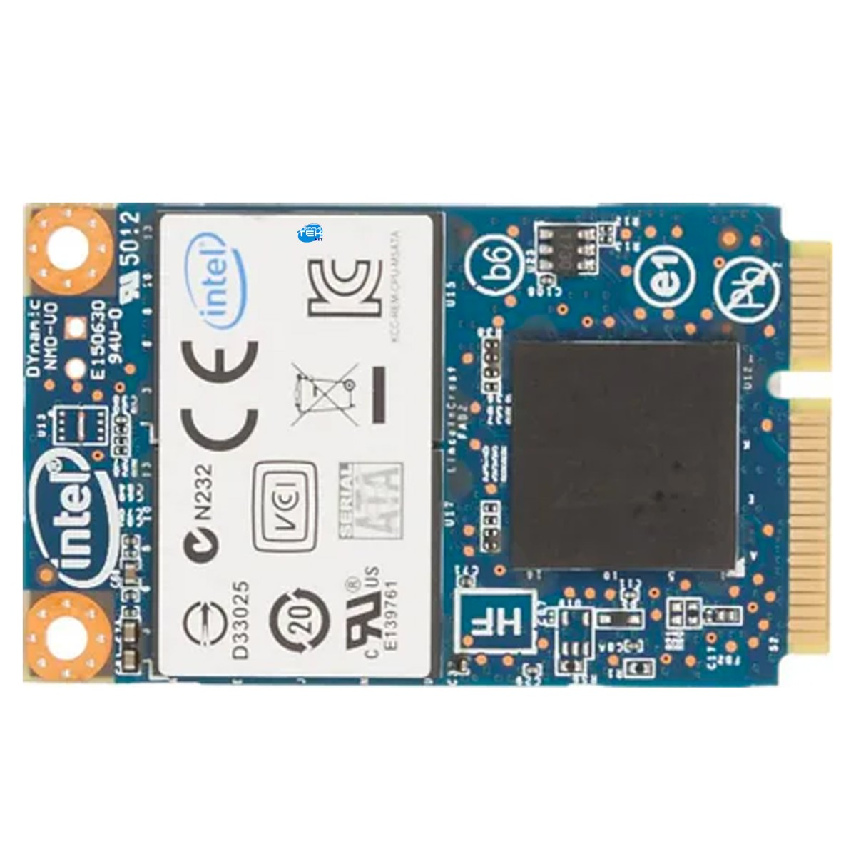 SSD mSATA Intel blu con chip centrale e etichette stampate.