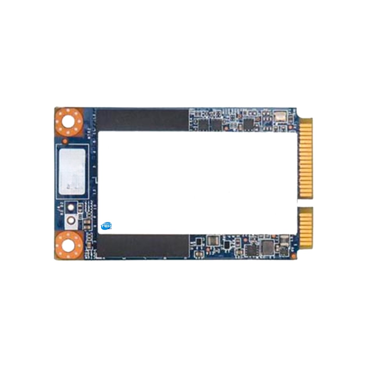 Scheda di circuito elettronico blu con connettori dorati e microchip su sfondo bianco.