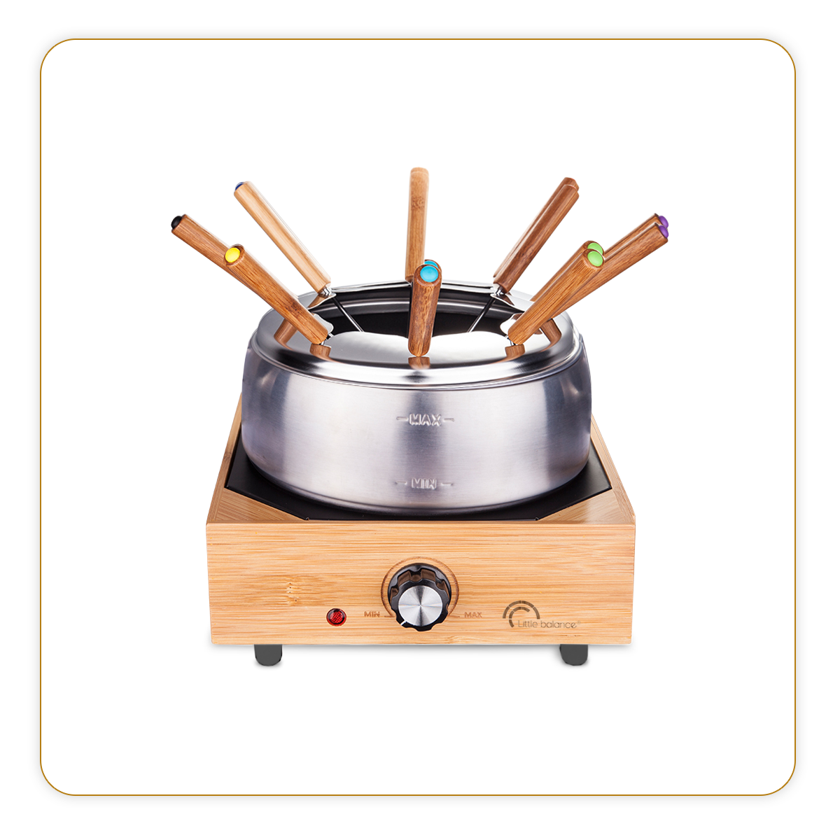 Ein Edelstahl-Fondue-Set auf einem quadratischen Holzsockel mit sechs bunten Holzgabeln.