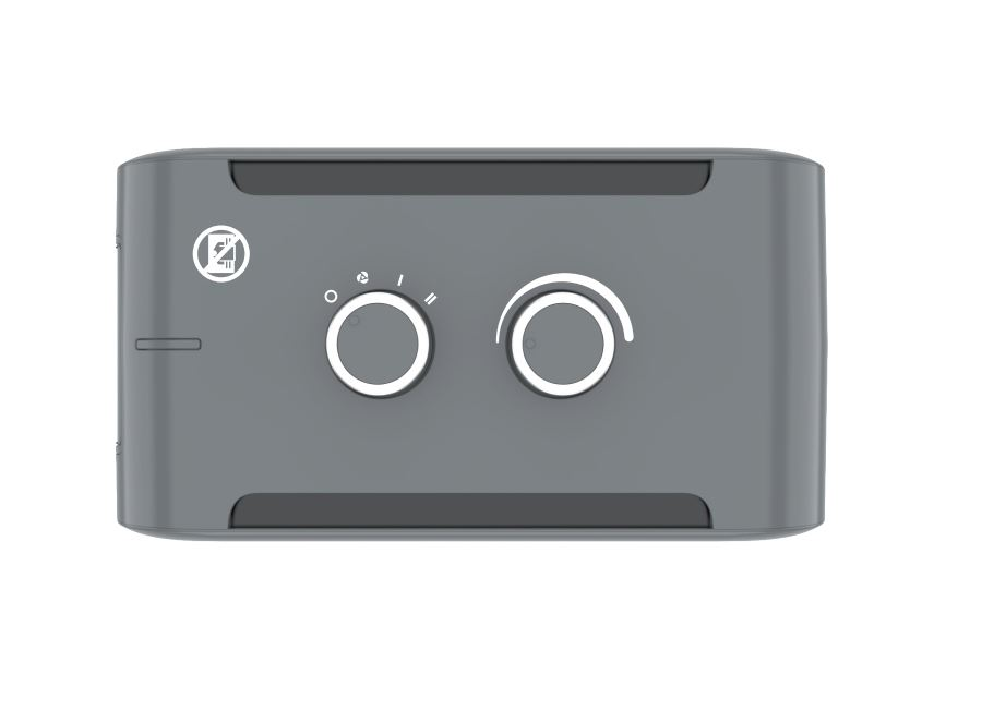 Graues elektronisches Gerät mit zwei runden Drehknöpfen und einem Symbol in der oberen linken Ecke.