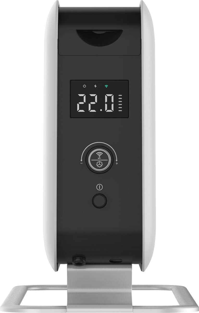 Heizgerät mit weißem Gehäuse, digitaler Anzeige von 22,0 Grad und runden Steuertasten auf schwarzem Bedienfeld.