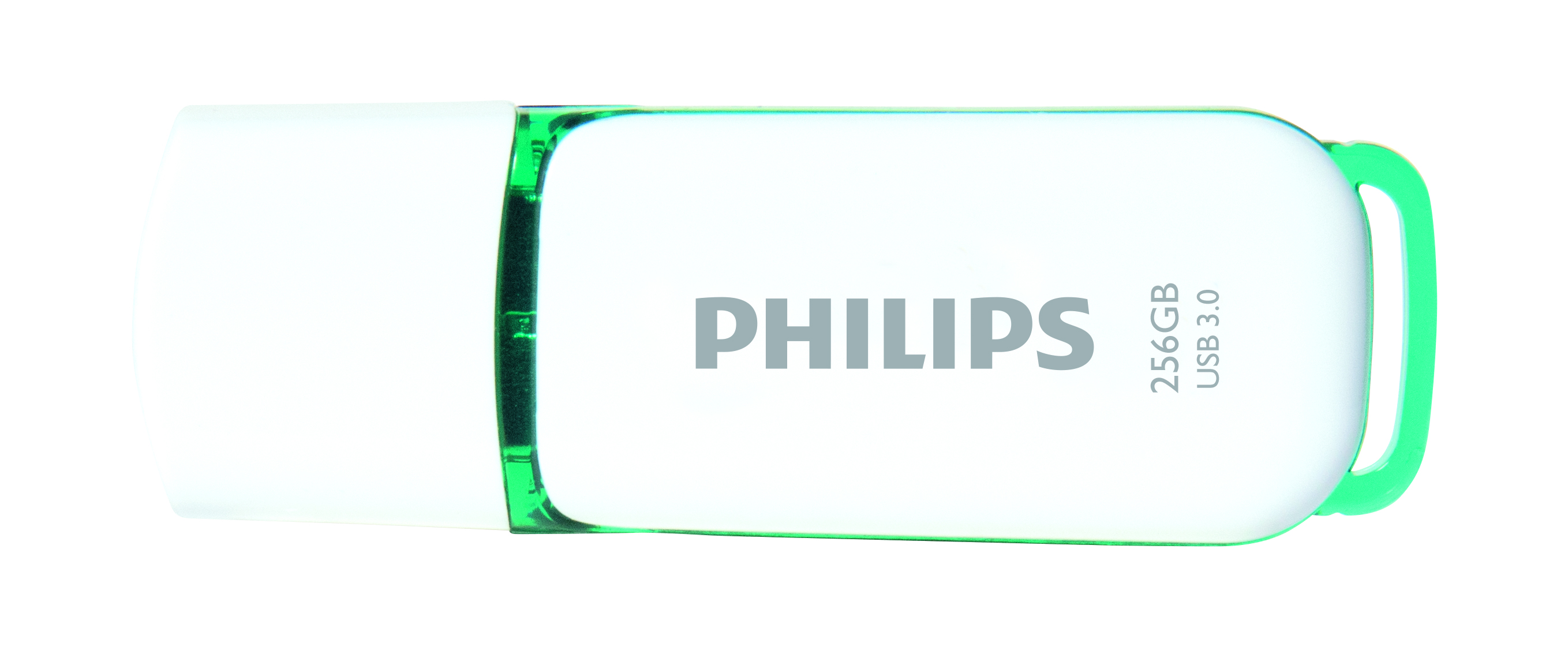 A white and turquoise Philips USB 3.0 flash drive with 256GB capacity on a white background.