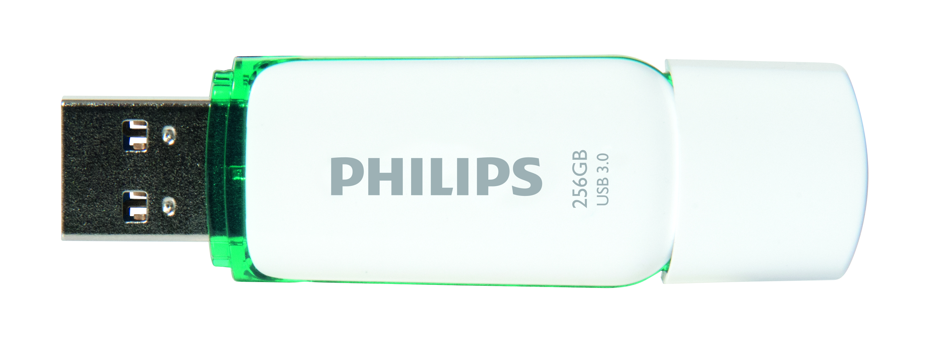 A white and green Philips 256GB USB 3.0 flash drive on a white background.