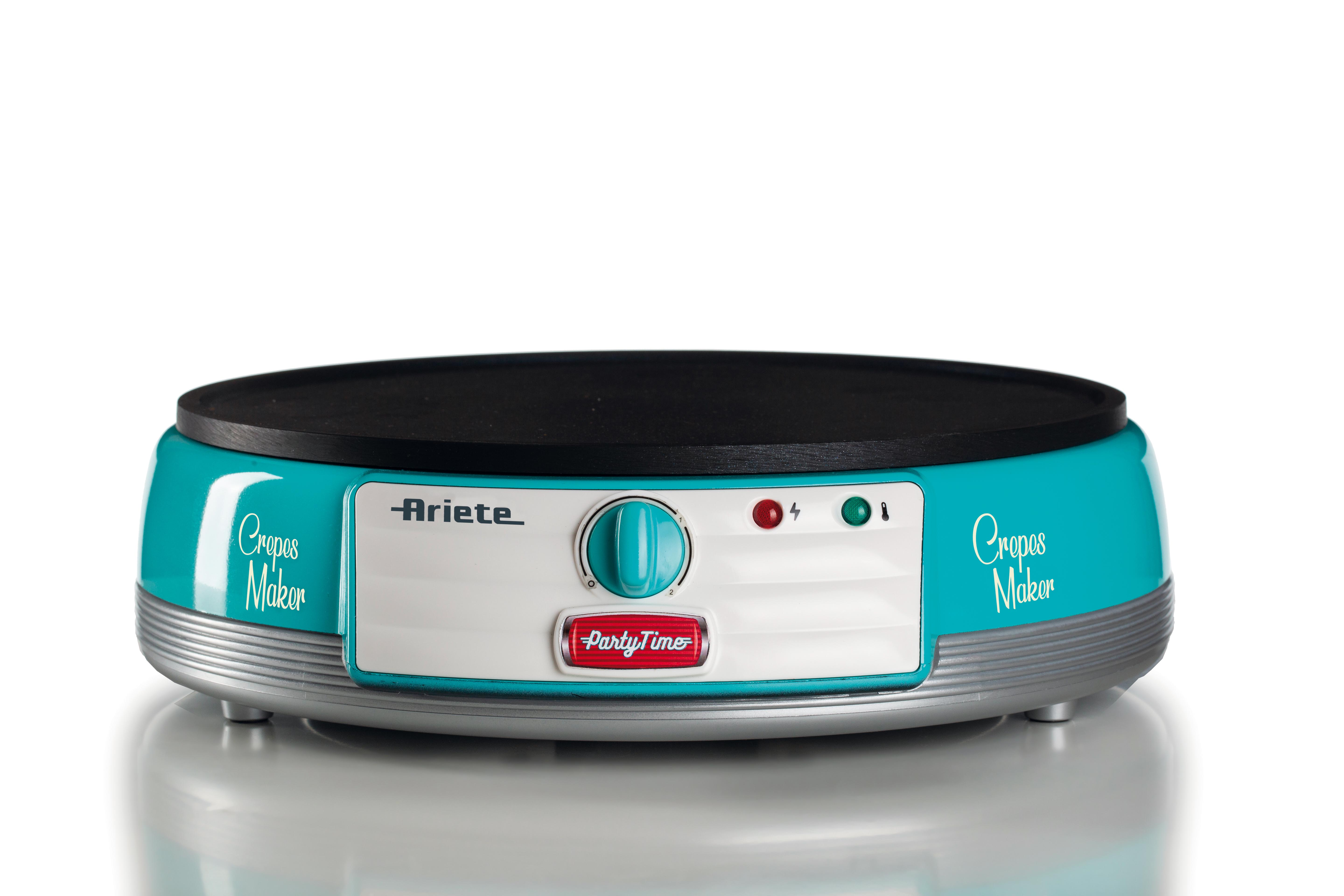 A turquoise Ariete PartyTime crepe maker with black plate, control knob, and indicator lights on a white background.