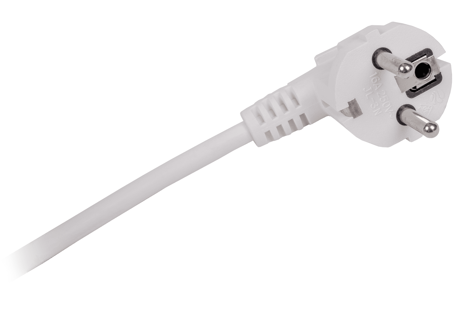 Ein weißer Stecker mit Kabel vor schwarzem Hintergrund.