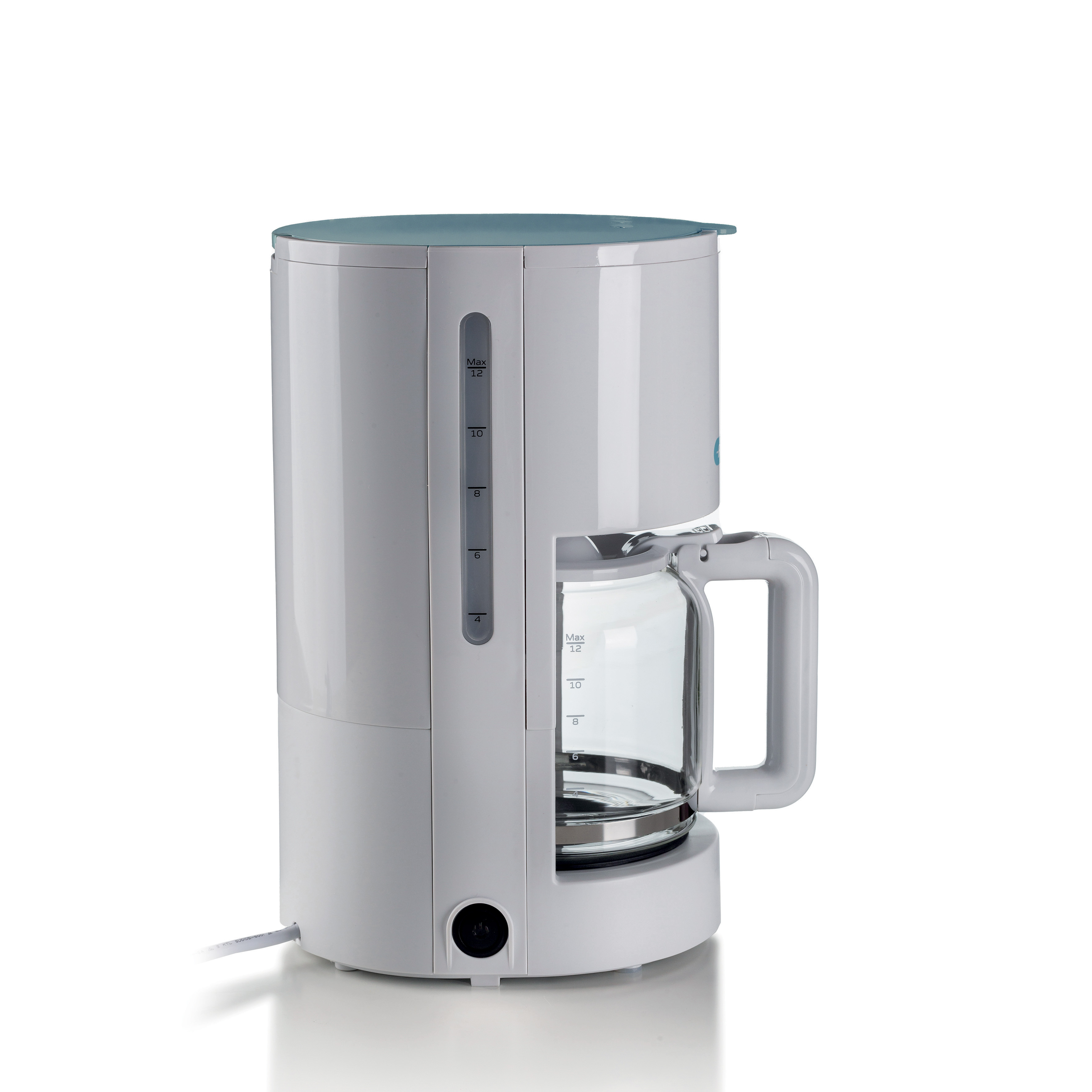 A white drip coffee maker with a glass carafe stands on a white background.
