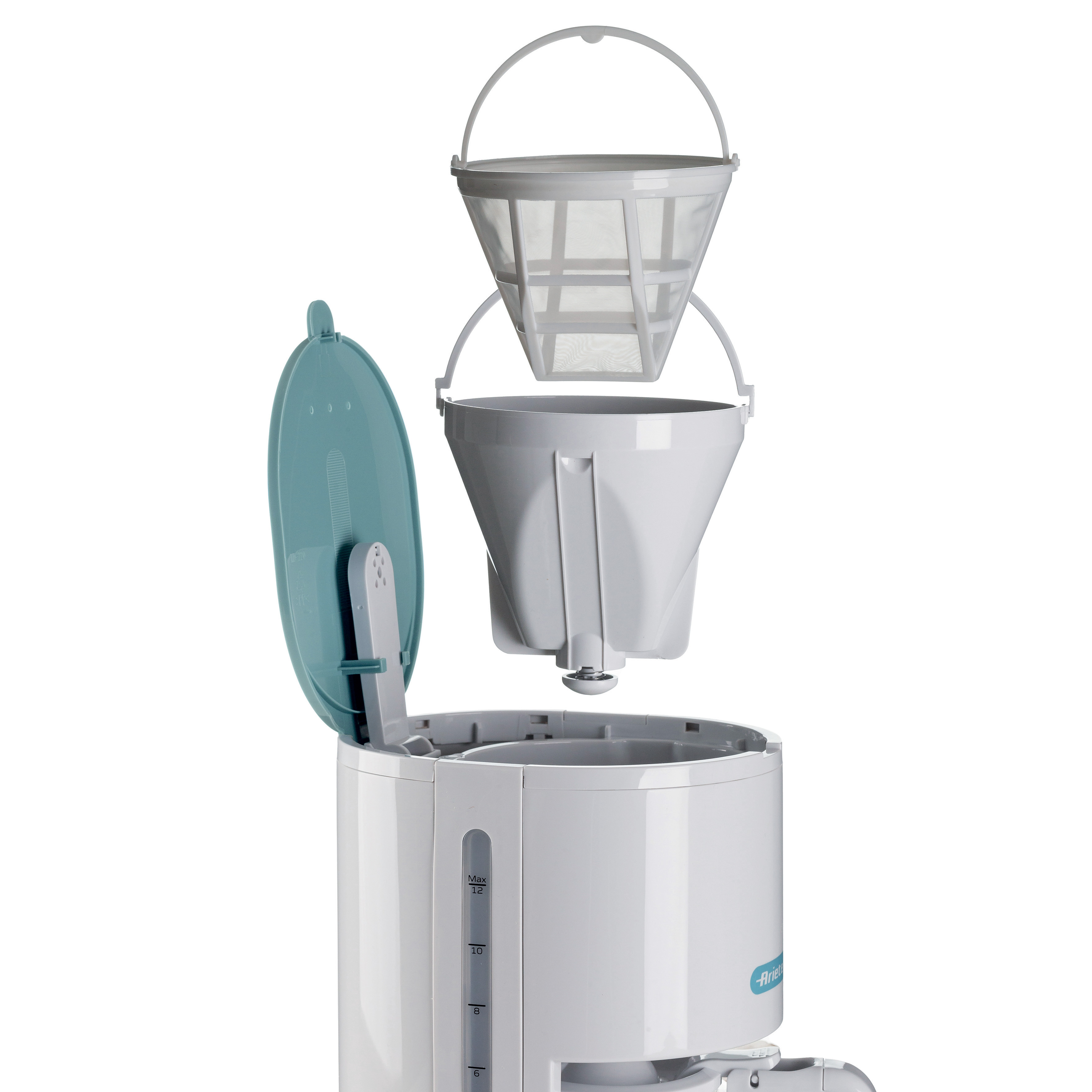 White coffee maker with detachable filter basket and turquoise lid against a white background.