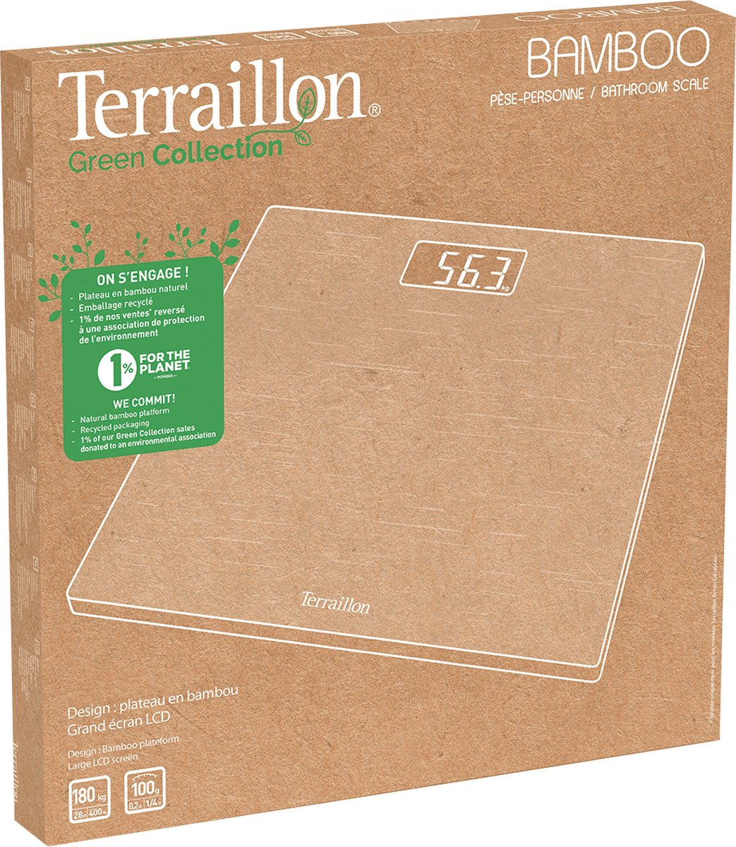 Terraillon Bamboo Personenwaage Verpackung mit grünem Branding und Produktbild.