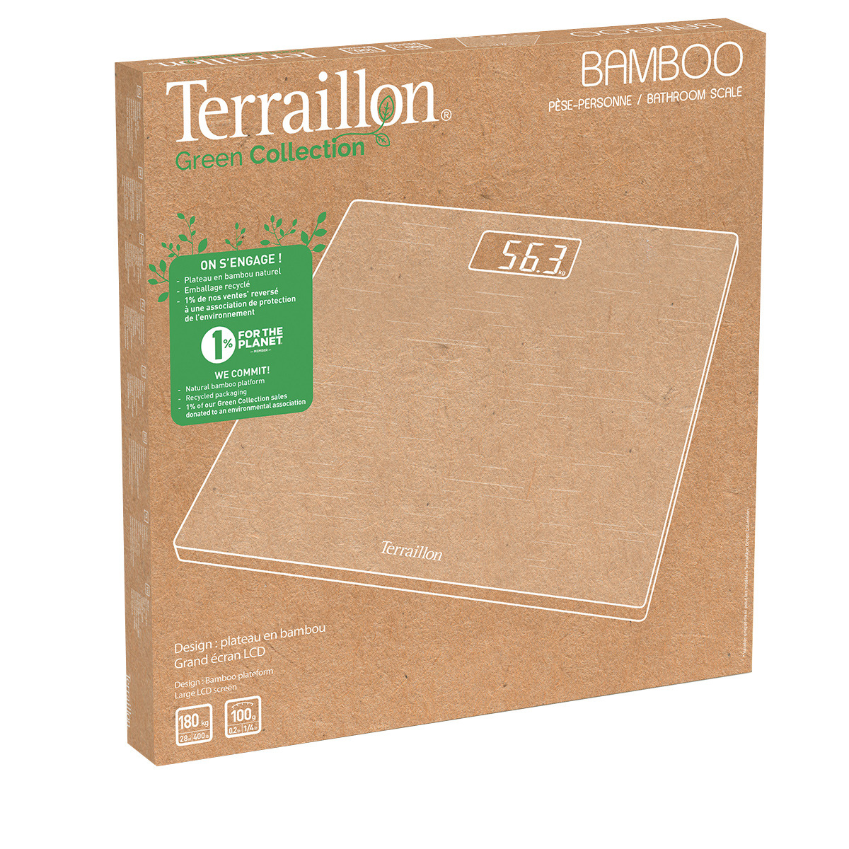 Kartonschachtel für Terraillon Bambus-Personenwaage mit umweltfreundlichen Symbolen und weißer Skizze.
