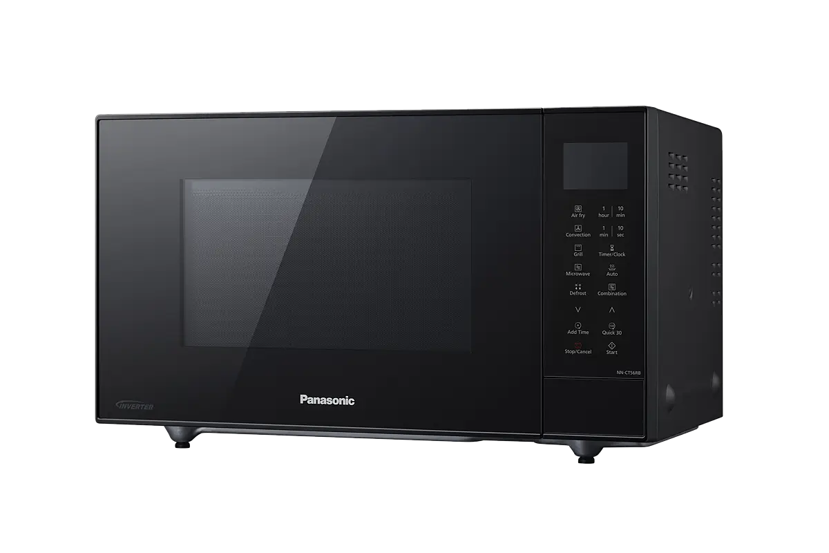 Czarna kuchenka mikrofalowa Panasonic z cyfrowym panelem sterowania na czarnym tle.
