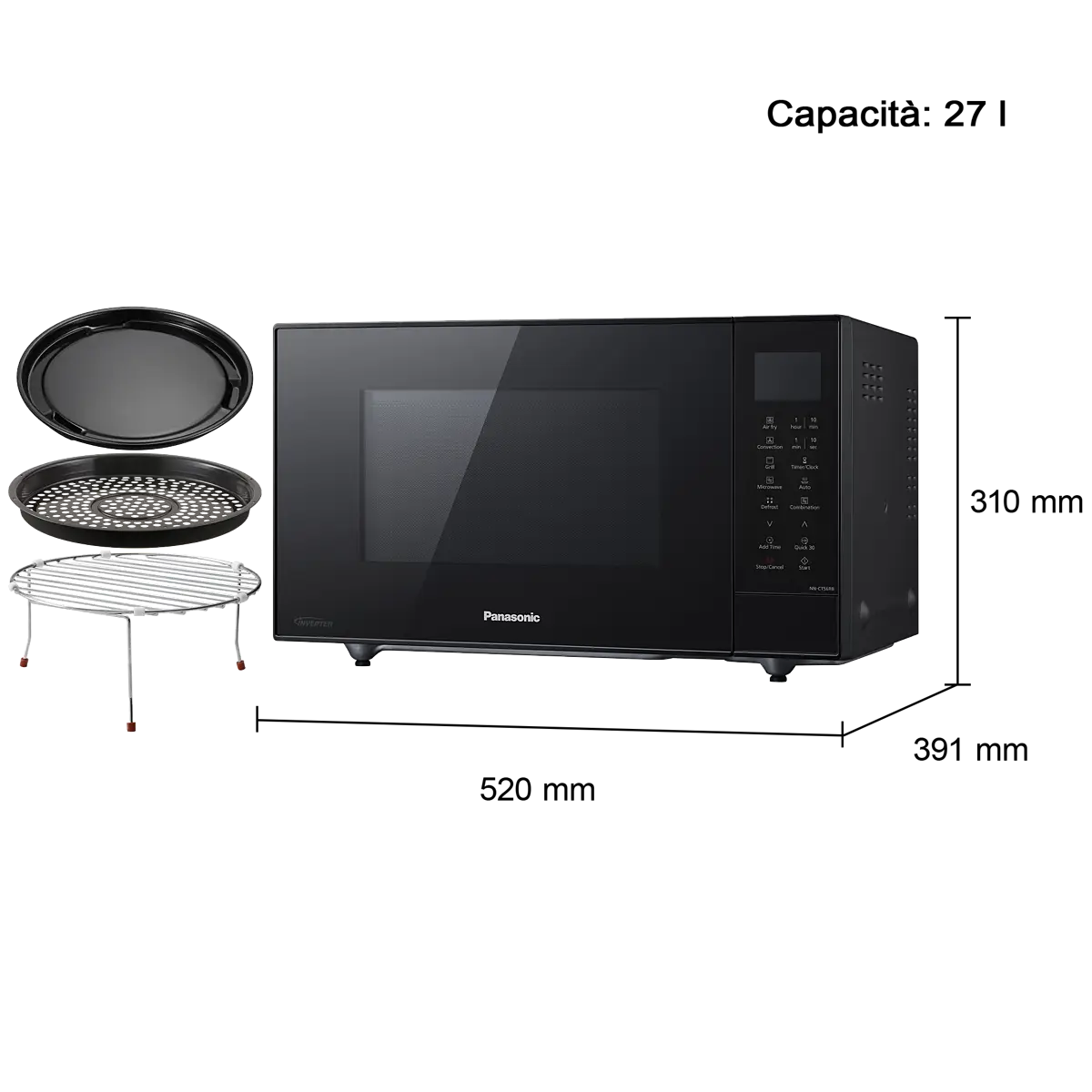 Czarna mikrofalówka Panasonic z akcesoriami, takimi jak ruszt do grillowania i dwa okrągłe naczynia, na czarnym tle.