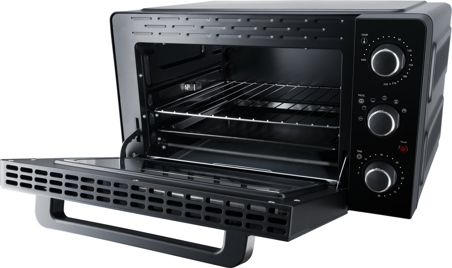 Un mini forno nero con porta aperta, una griglia metallica e manopole di controllo a destra.
