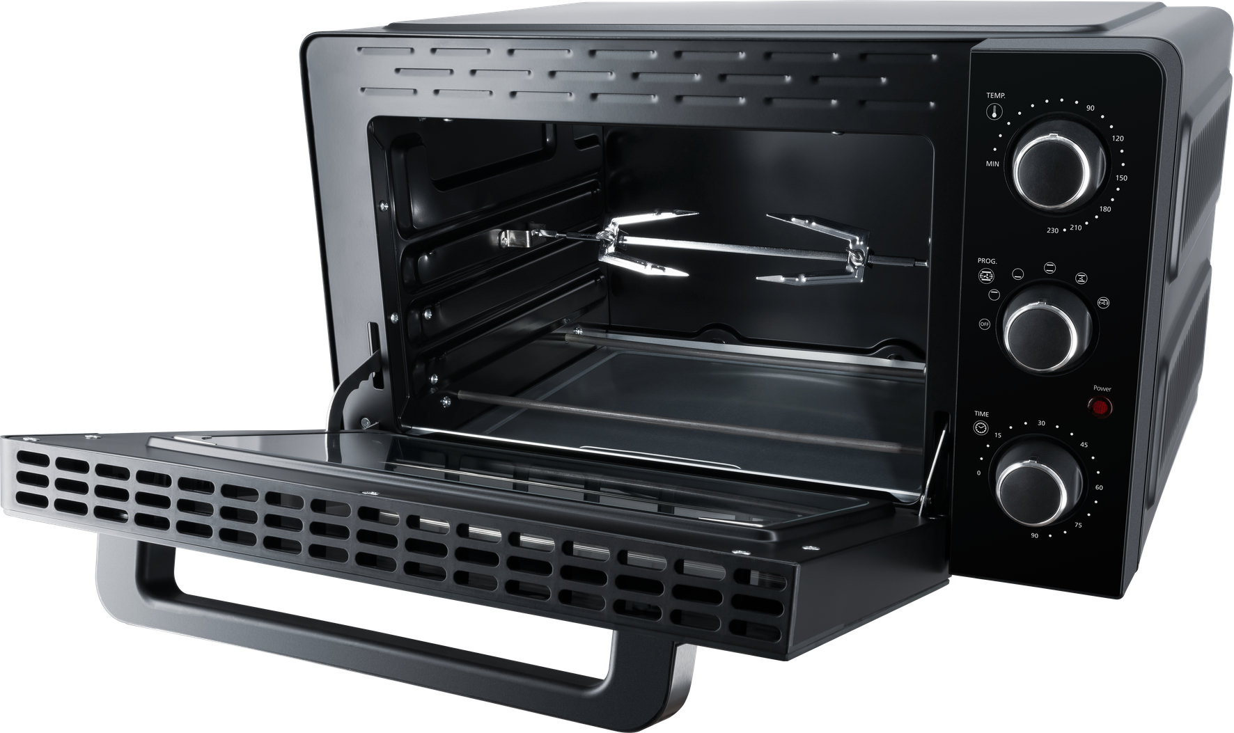 Mini forno nero con porta aperta, girarrosto all'interno e tre manopole di controllo sul lato.
