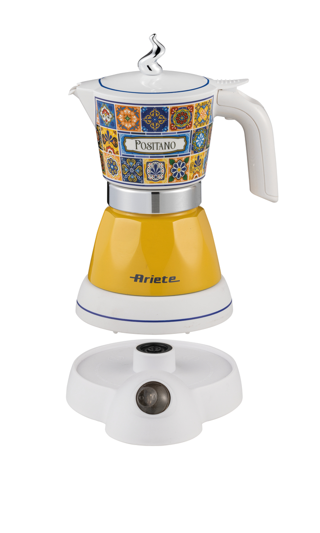 Une cafetière moka colorée Ariete Positano sur une base blanche.