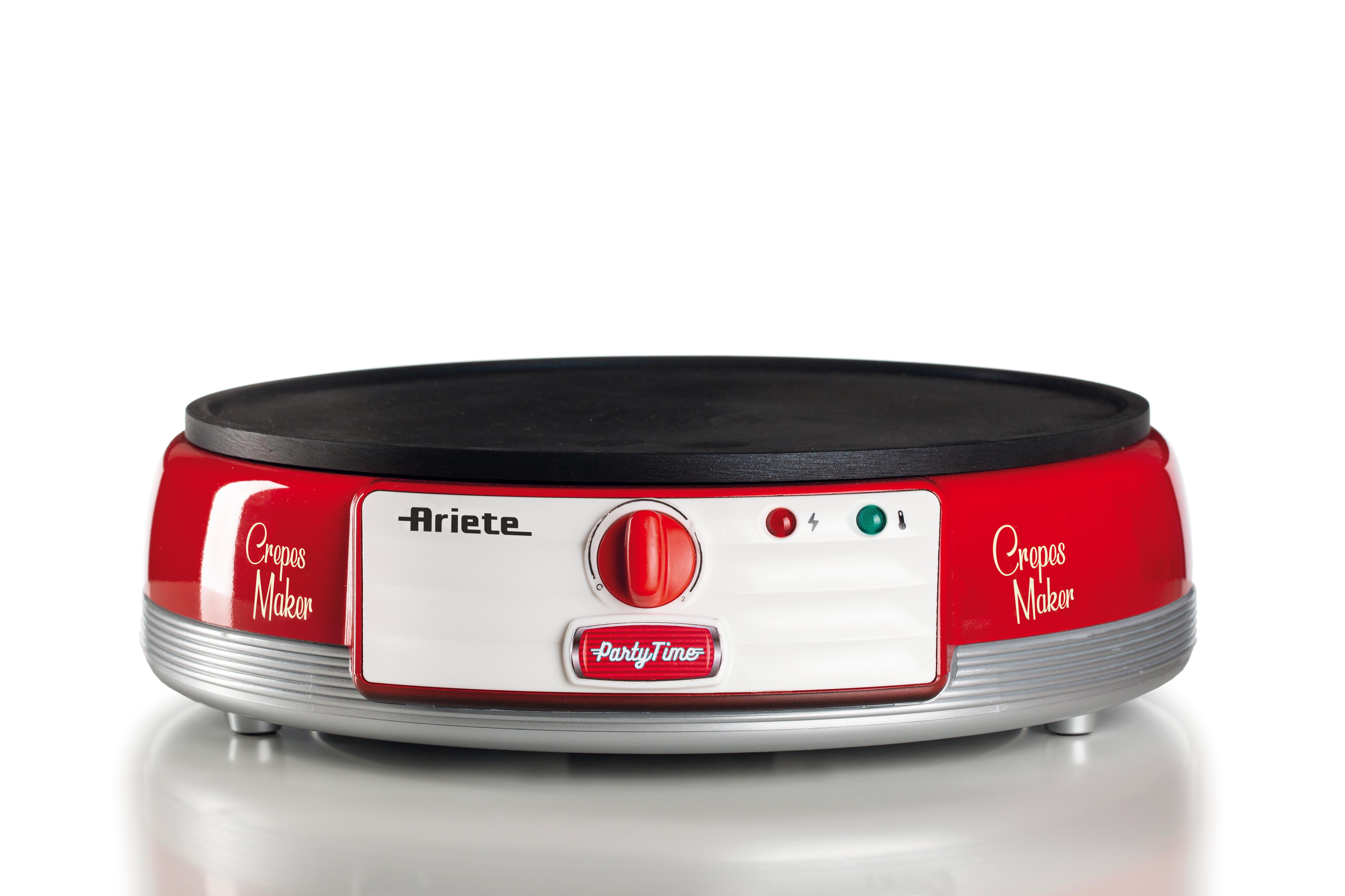 A red and white Ariete Crepes Maker with a black non-stick plate, control knob, and indicator lights on a white background.