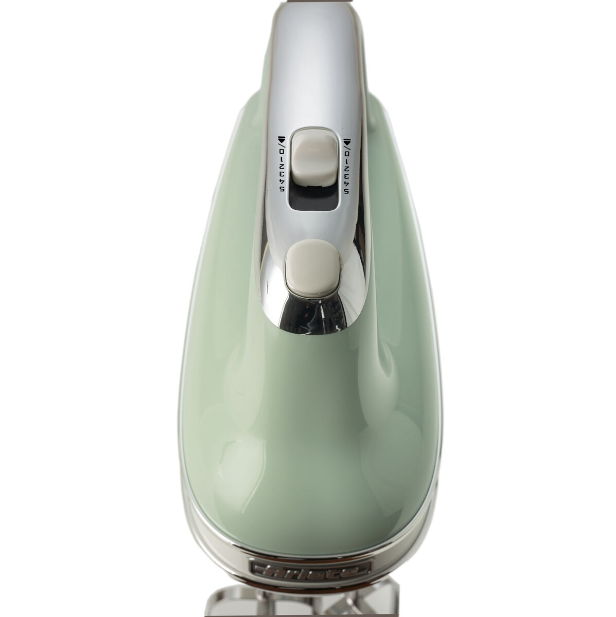 A top-down view of a light green hand mixer with chrome accents and speed control buttons against a white background.