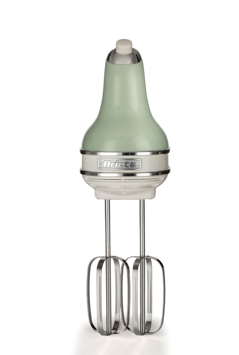 A light green and white Ariete hand mixer with two chrome beaters against a plain white background.