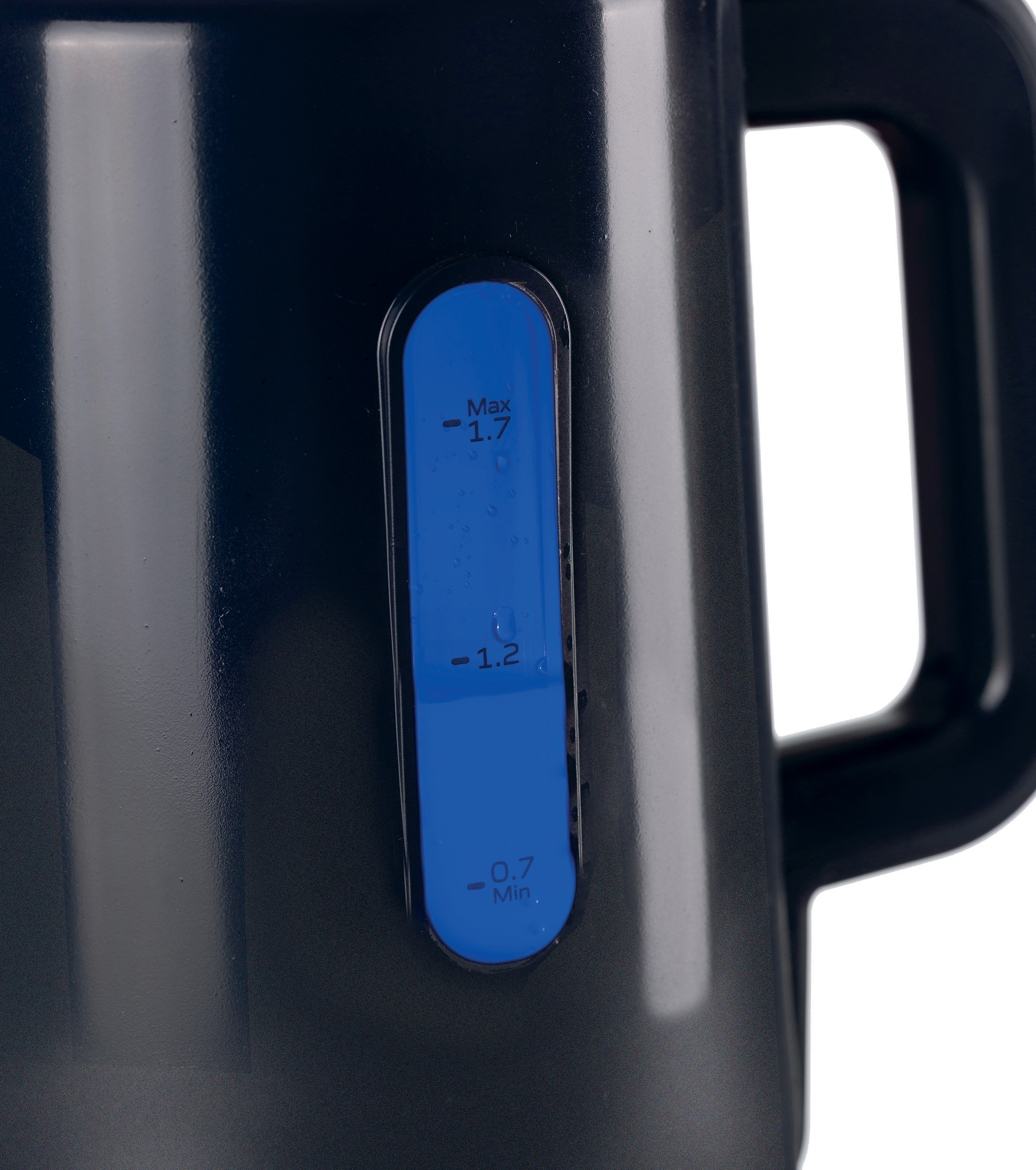 A black electric kettle features a blue water level window with markings from 0.7 to 1.7 liters.