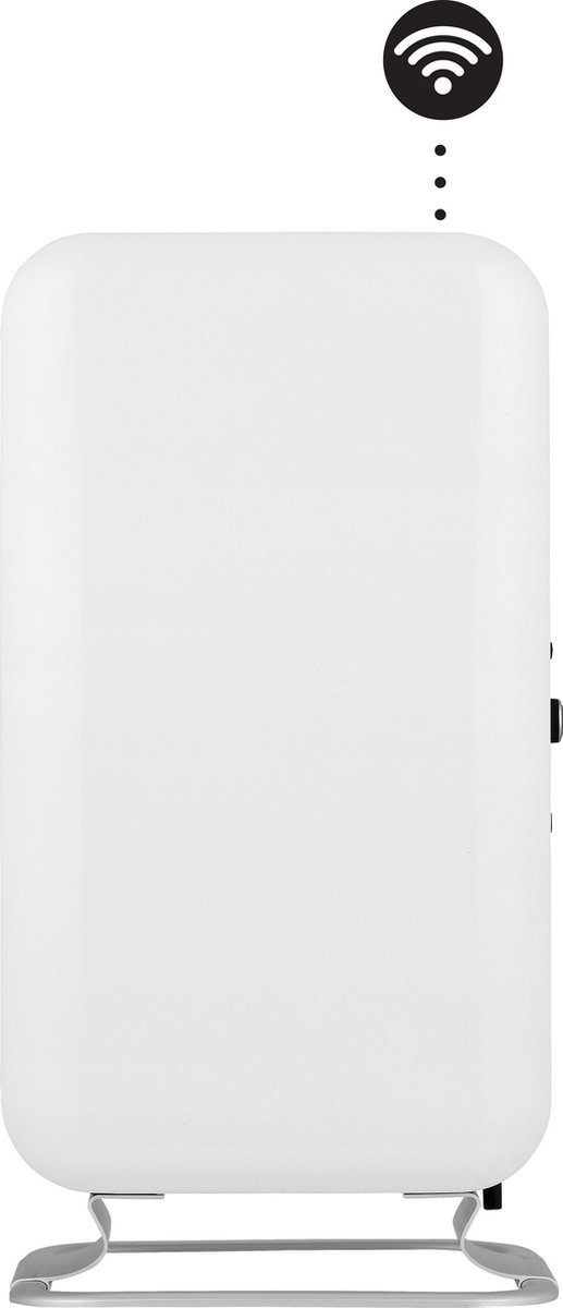 Ein weißer, länglicher Heizkörper auf einem silbernen Metallständer mit einem WLAN-Symbol oben.