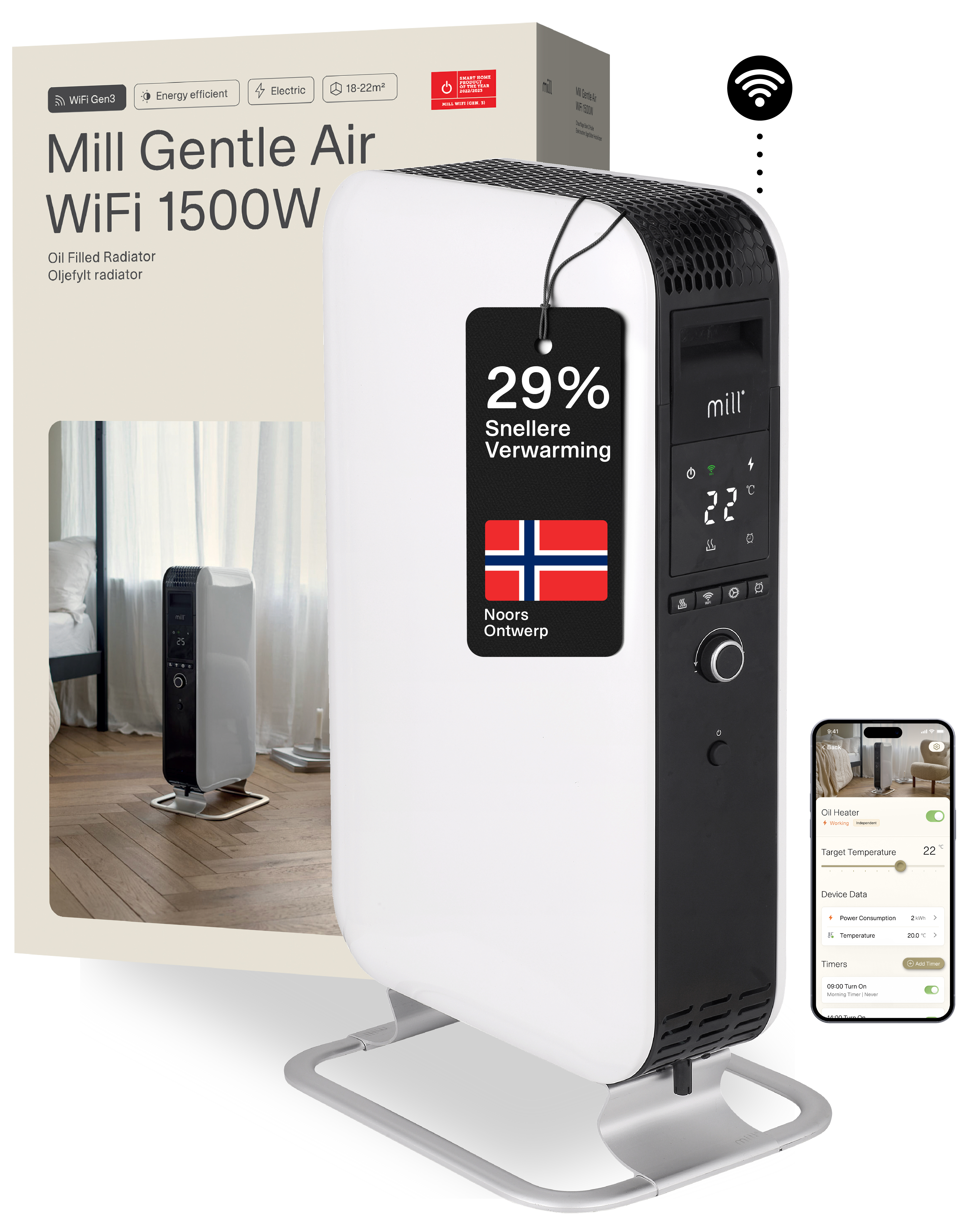 Weißer Mill Gentle Air Ölradiator mit Display, Standfuß, App und Verpackung.