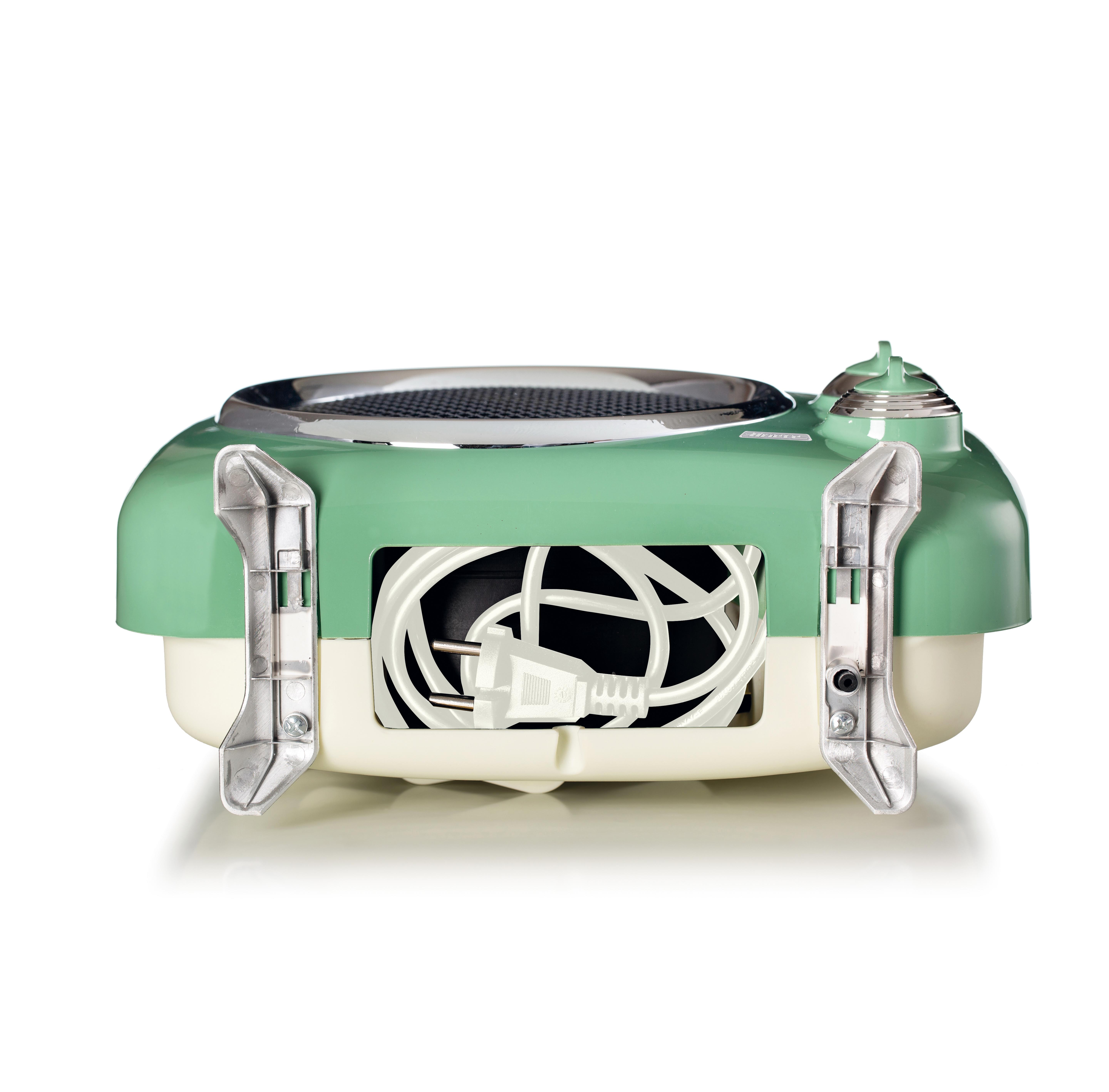 A mint green and cream electric heater sits on a white surface, showing a coiled power cord stored in the back.