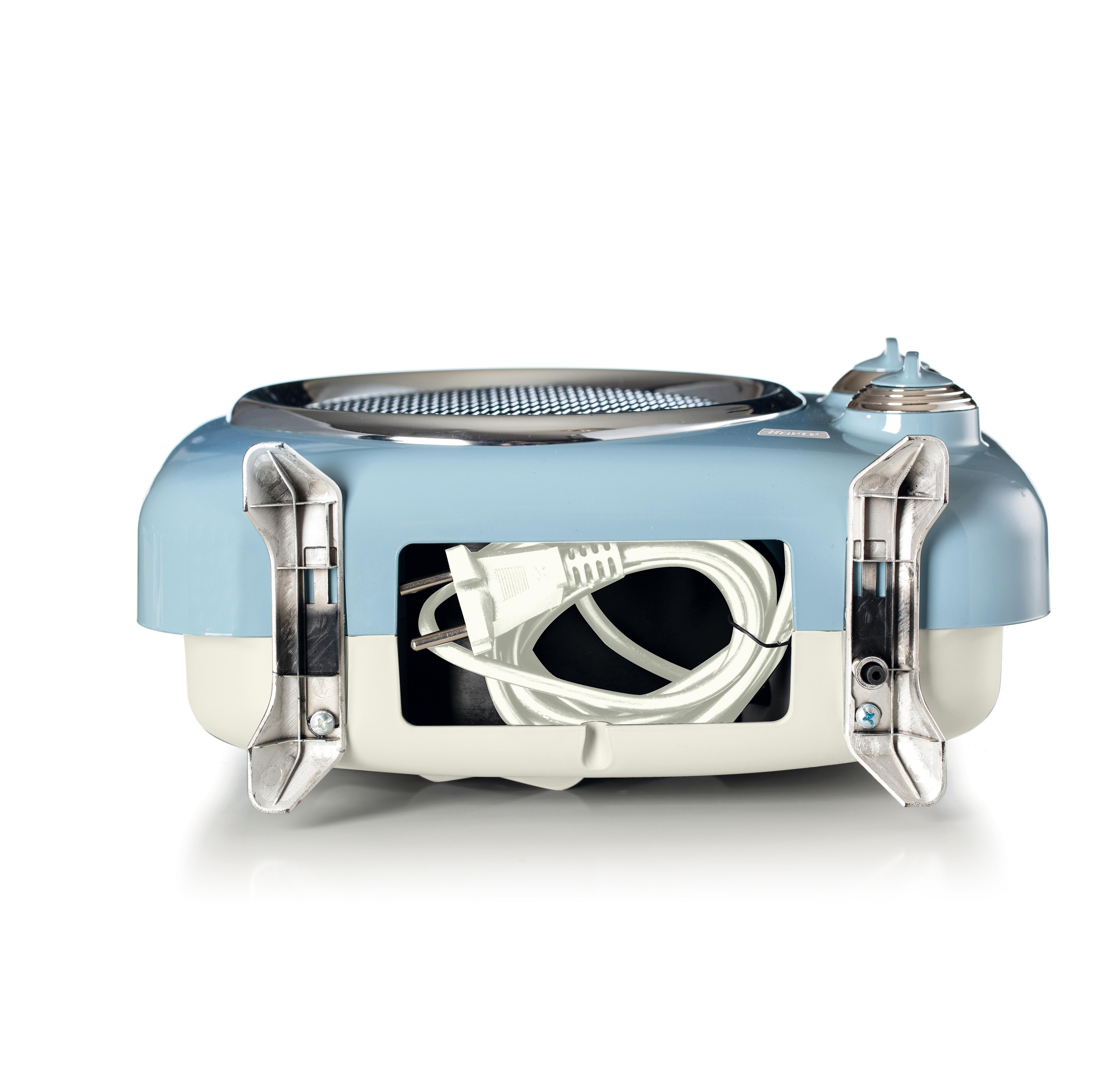 Light blue electrical device on white background, featuring a built-in compartment storing a coiled white power cord.