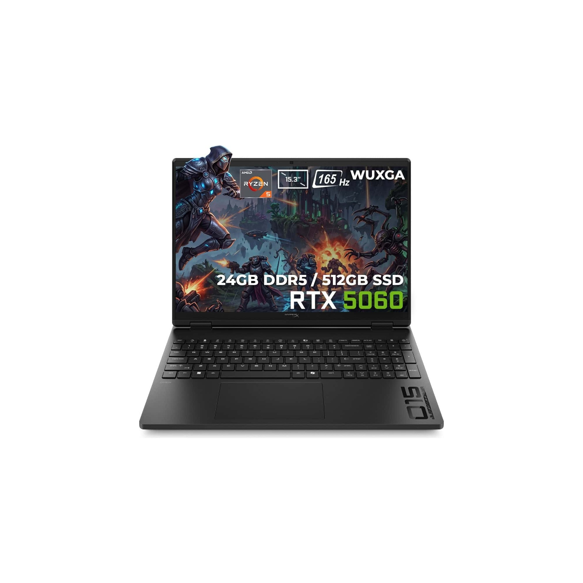 AMD Ryzen 5, RTX 5060, 24GB RAM, 512GB SSD ve fantezi oyun duvar kağıdına sahip siyah bir oyuncu dizüstü bilgisayarı.