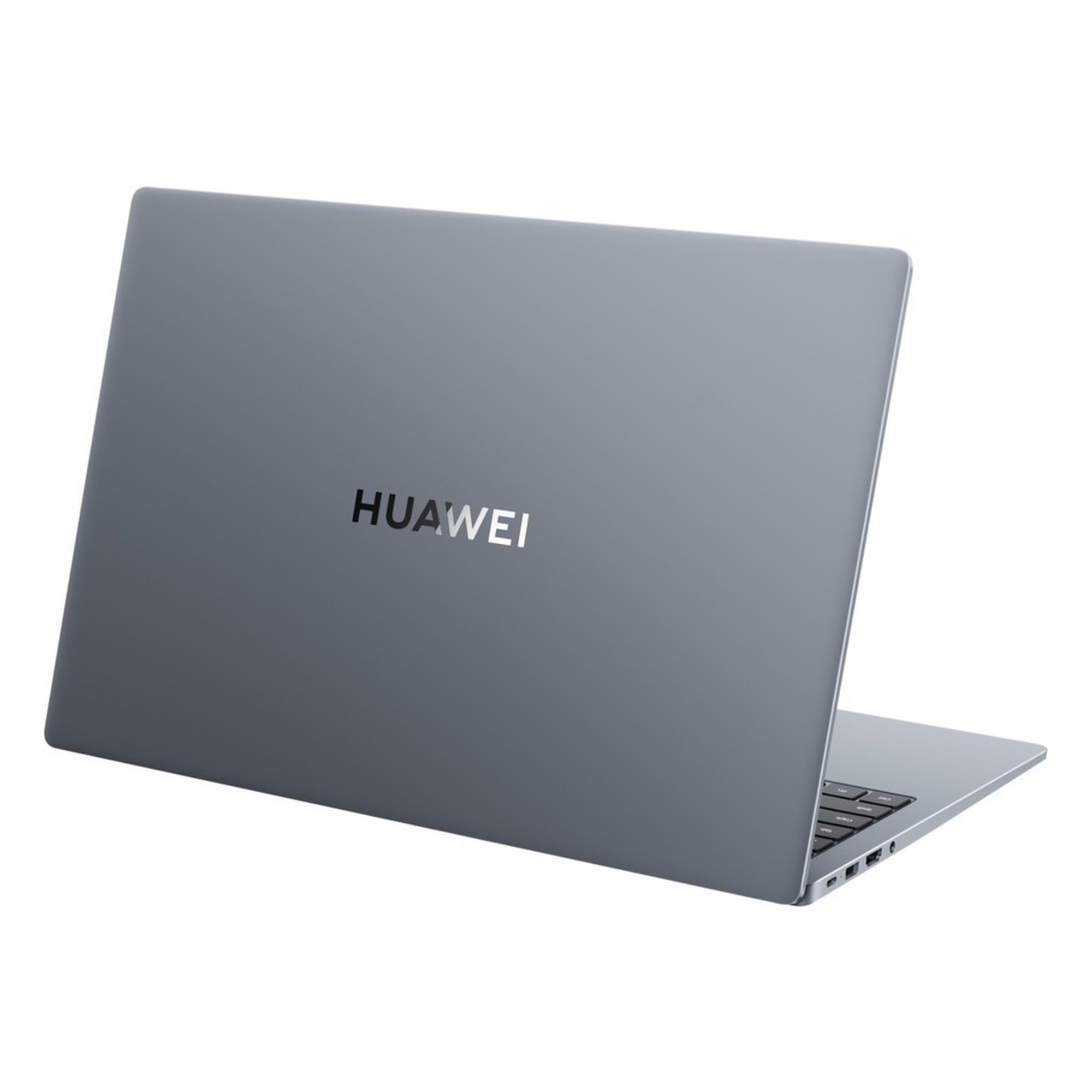 Beyaz bir zemin üzerinde logosu görünen gri bir Huawei dizüstü bilgisayar.