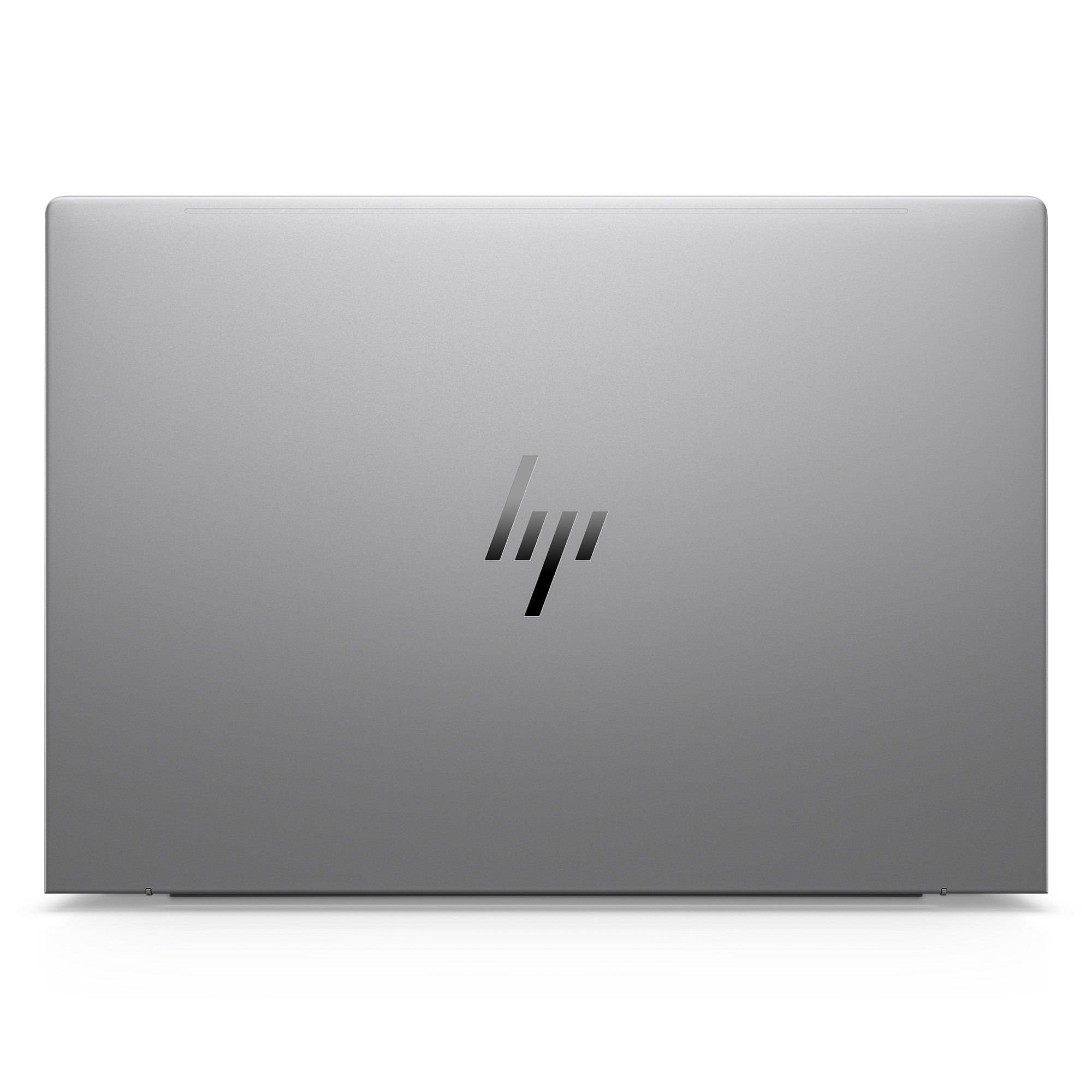 Beyaz arka planda ortasında HP logosu bulunan kapalı gümüş-gri dizüstü bilgisayar.