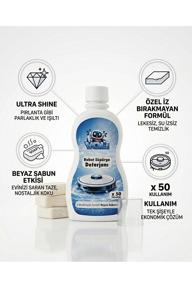 Dört özellik simgesi ve sabun kalıpları bulunan beyaz robot süpürge deterjanı şişesi.