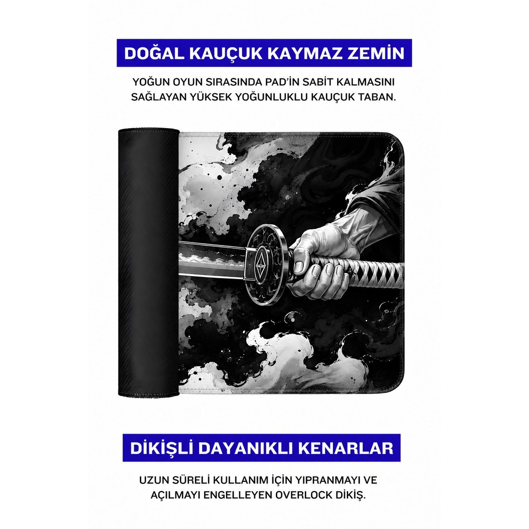 Kılıç tutan bir elin olduğu siyah beyaz oyuncu mousepad ve Türkçe açıklamalar.