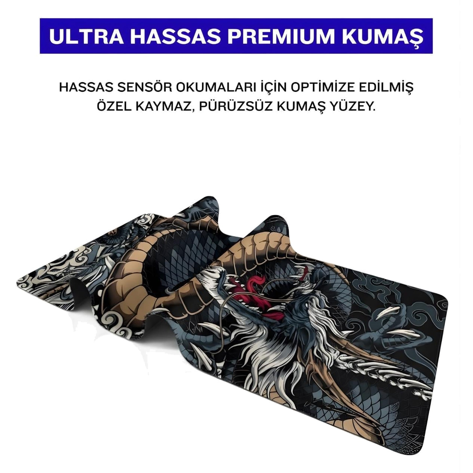 Beyaz arka planda ejderha tasarımlı ve metinli katlanabilir mouse pad.