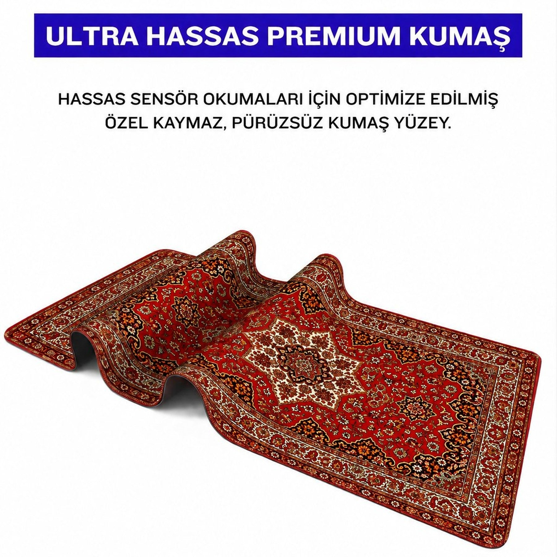 Beyaz arka planda geleneksel desenli ve dalgalı formda kırmızı halı.