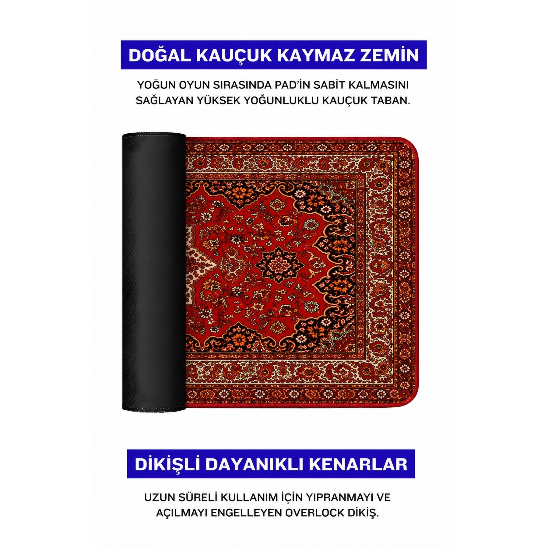 Oryantal desenli, kaymaz tabanlı ve dikişli kenarlı kırmızı ve siyah mousepad.