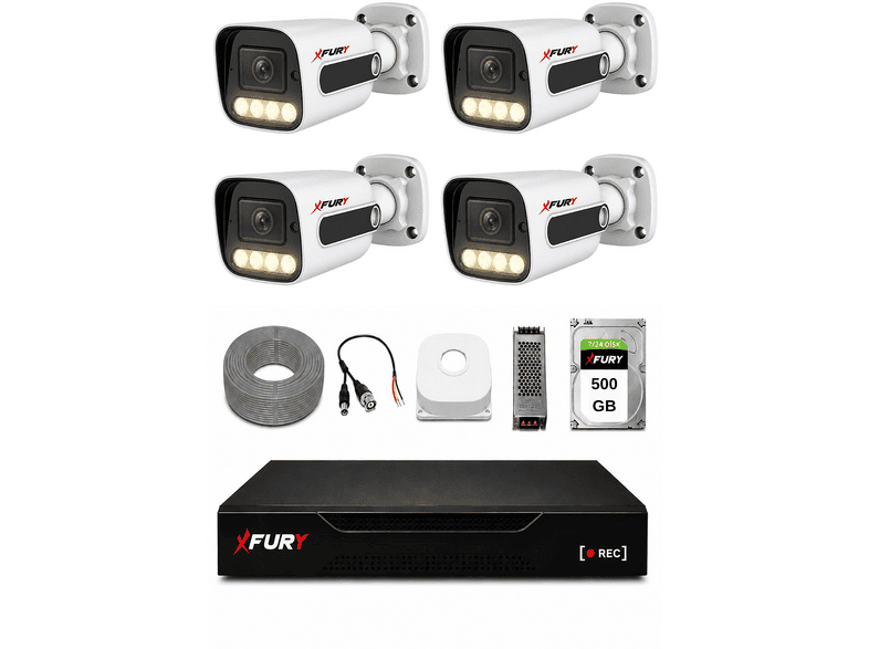 FURY 4 Kameralı 4 Warm LED Gece Renkli Görüş 500 GB HDD 5500 Güvenlik Kamera Seti Beyaz