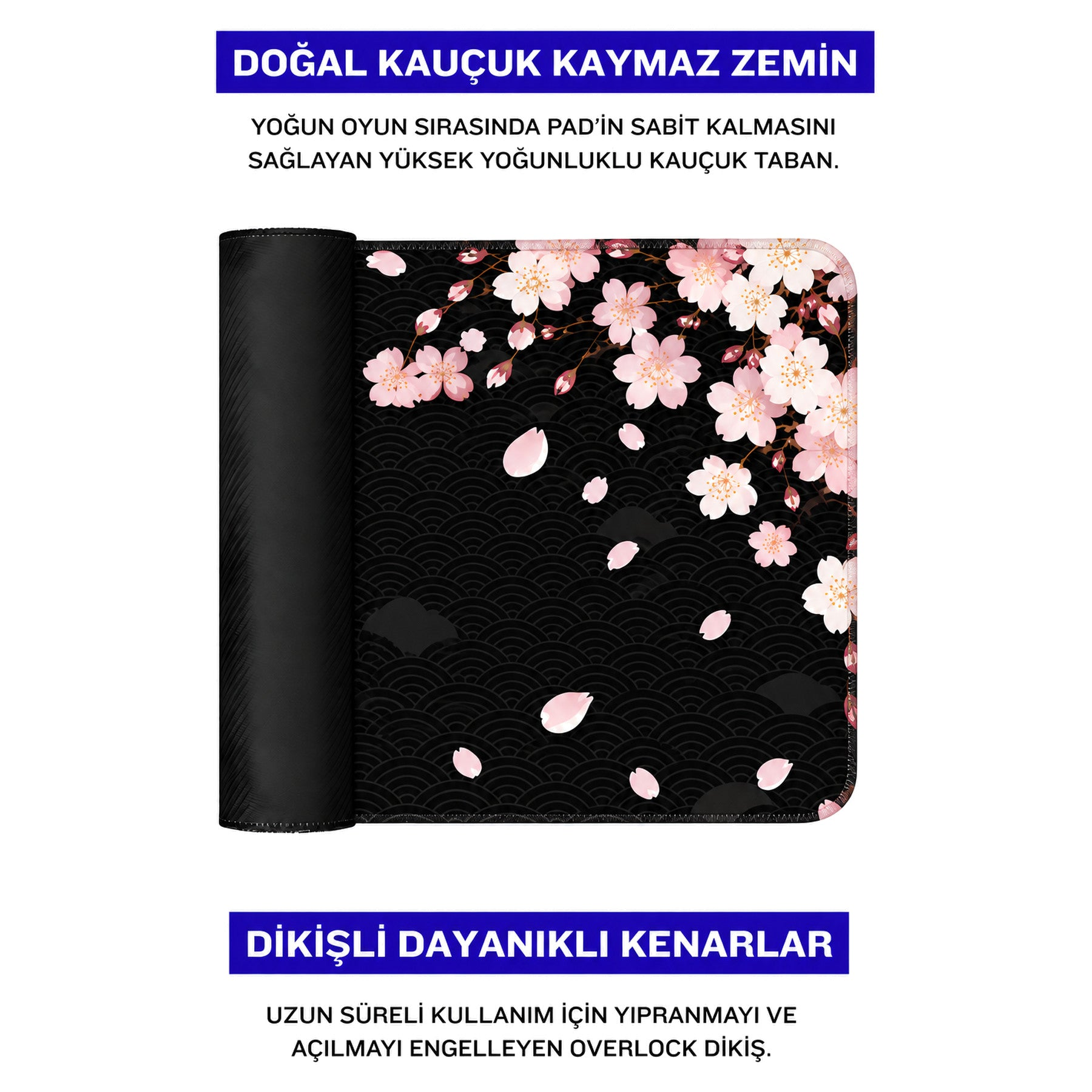 Siyah arka plan üzerinde pembe kiraz çiçekleri, kaymaz kauçuk taban ve dikili kenarları olan fare altlığı.