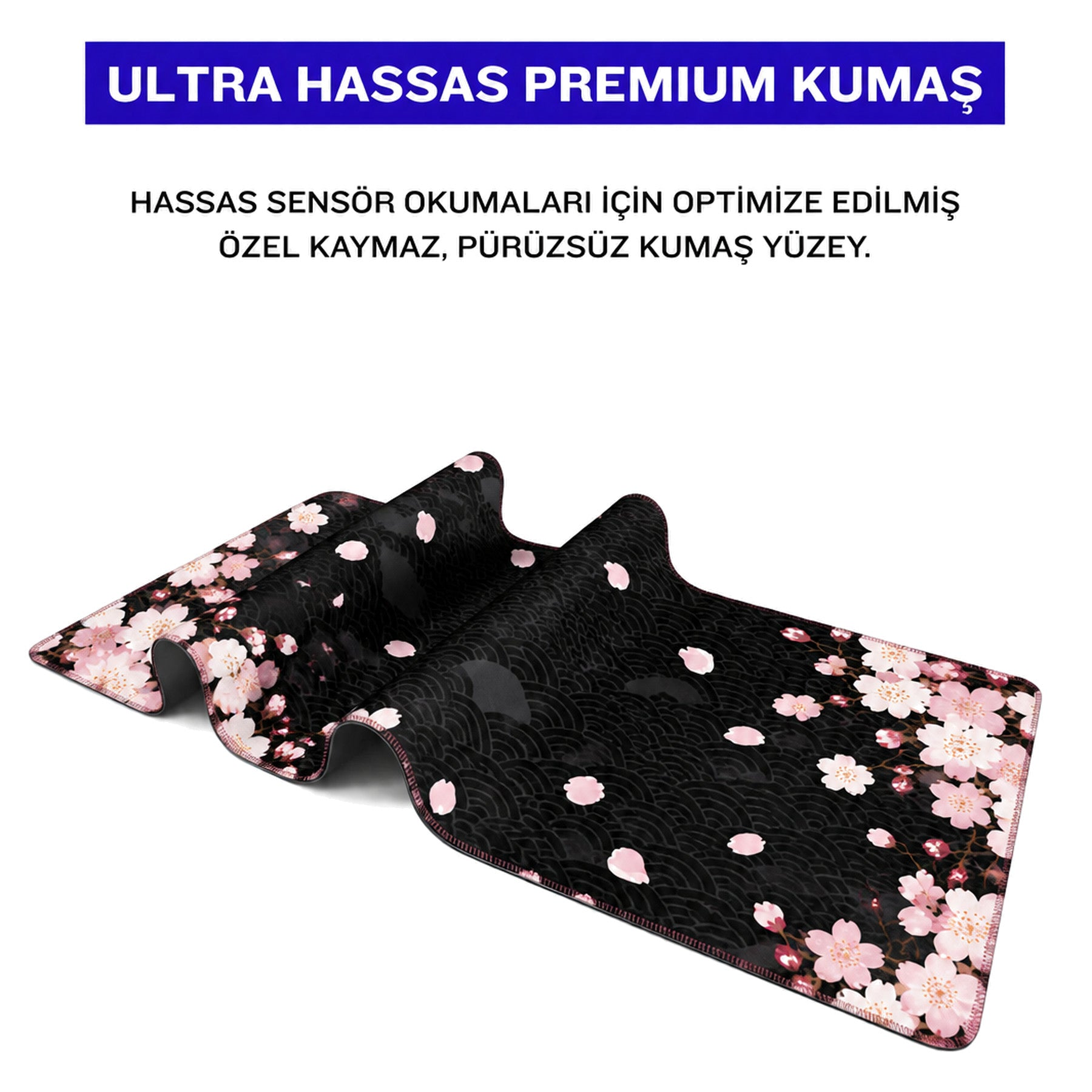 Pembe kiraz çiçekleri ve Japon dalga desenli, siyah renkli özel kumaş yüzeyli mousepad.