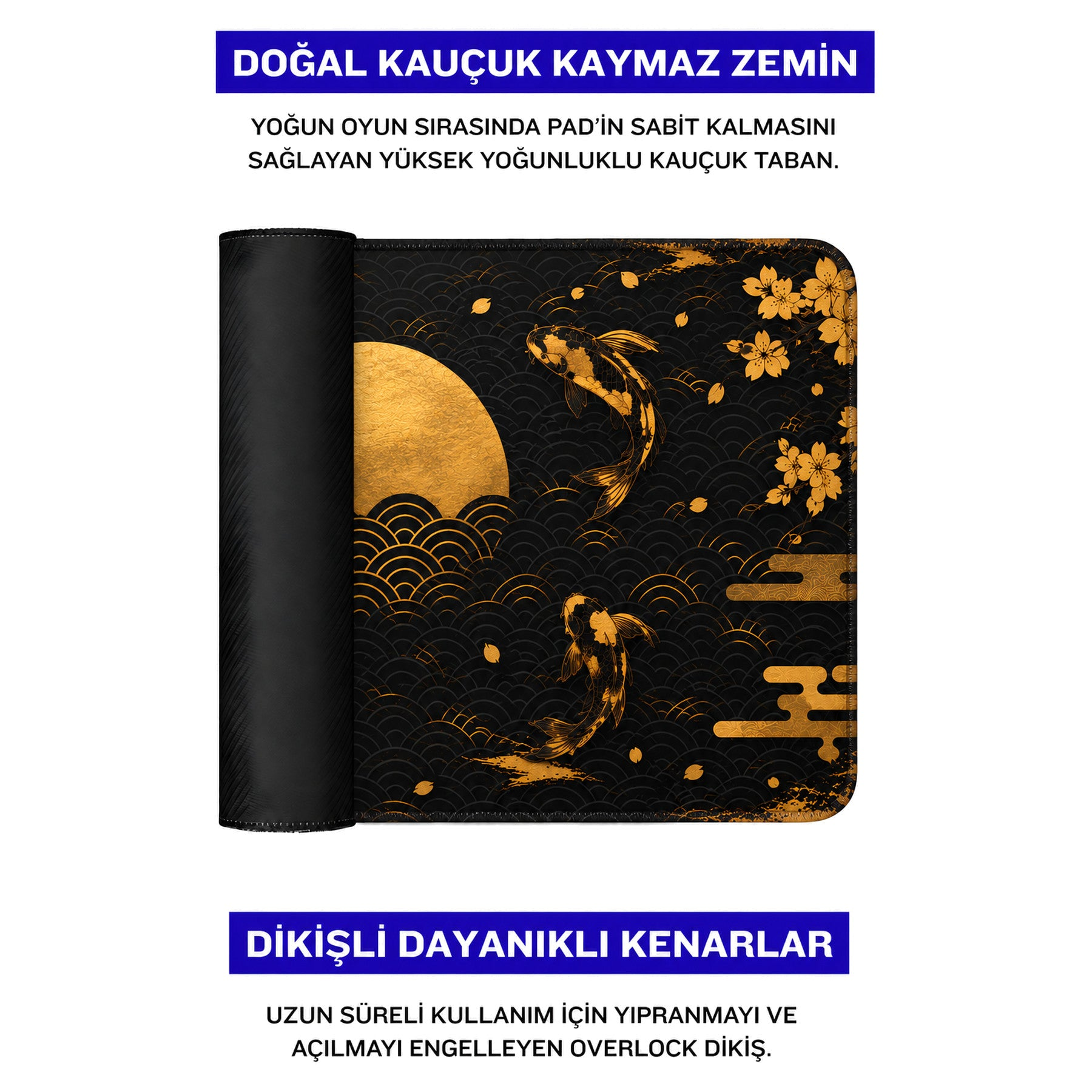 Altın renkli koi balığı ve kiraz çiçeği motifli siyah mousepad.